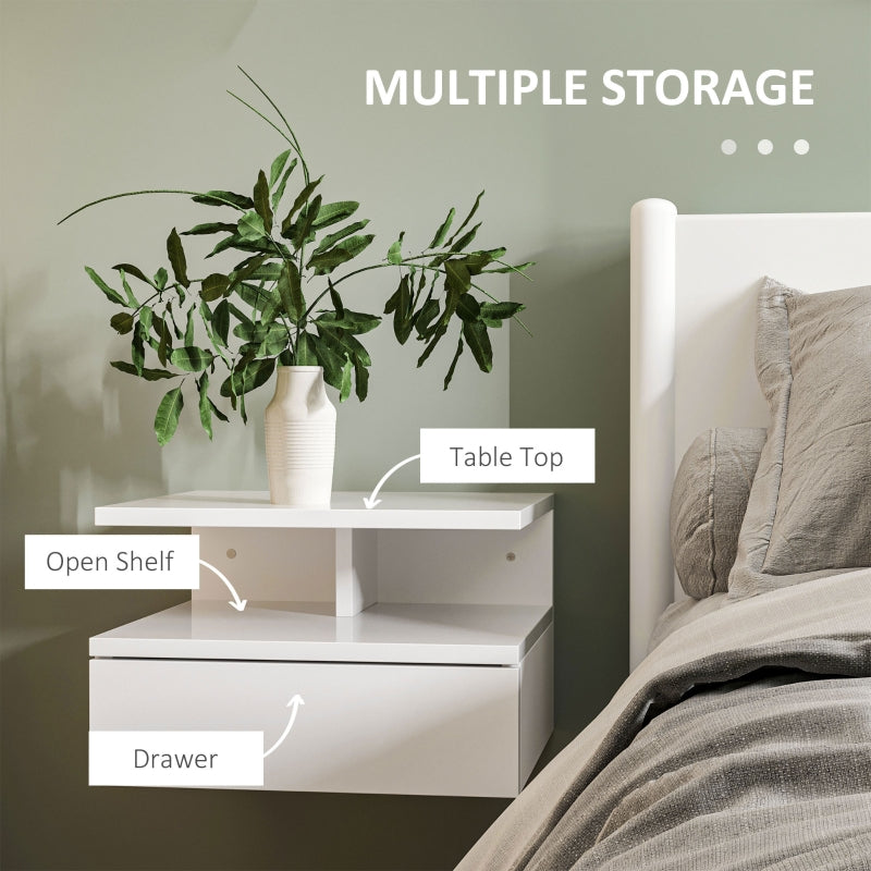 Set of Two Floating Bedside Tables High Gloss, White Engineered Wood