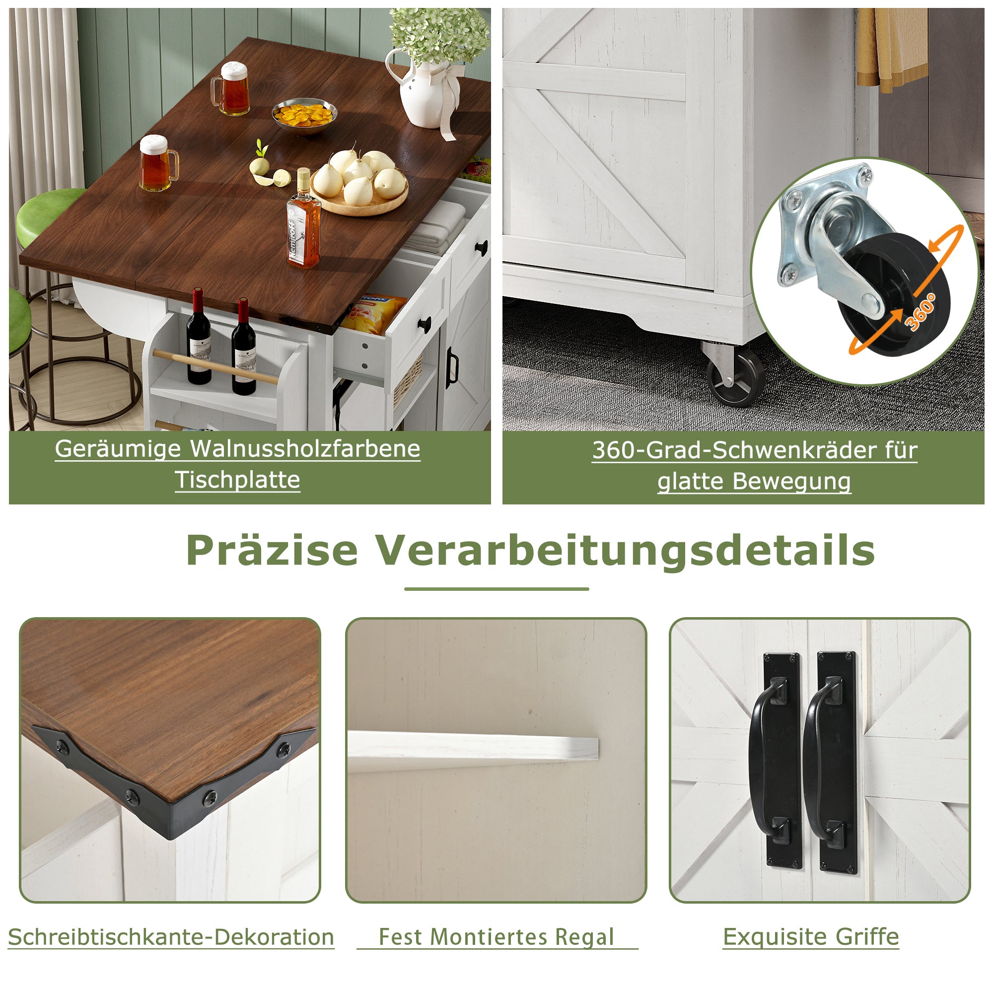 Kitchen Island Mobile Extendable Worktop 2 Sliding Doors 3 Drawers - Wood Grain