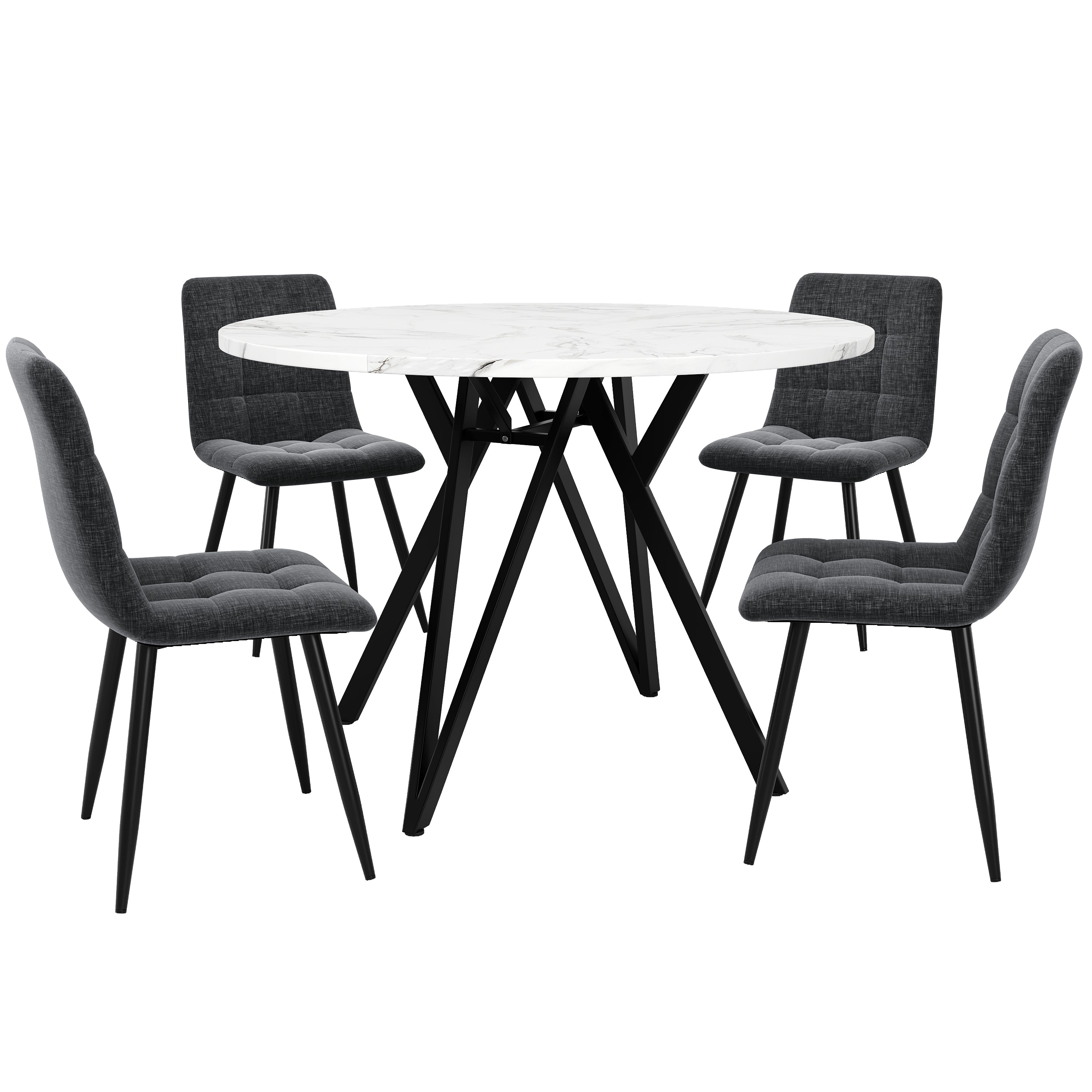 Dining Set 5-Piece Round 100cm Marble Top Black Metal Legs Grey Linen