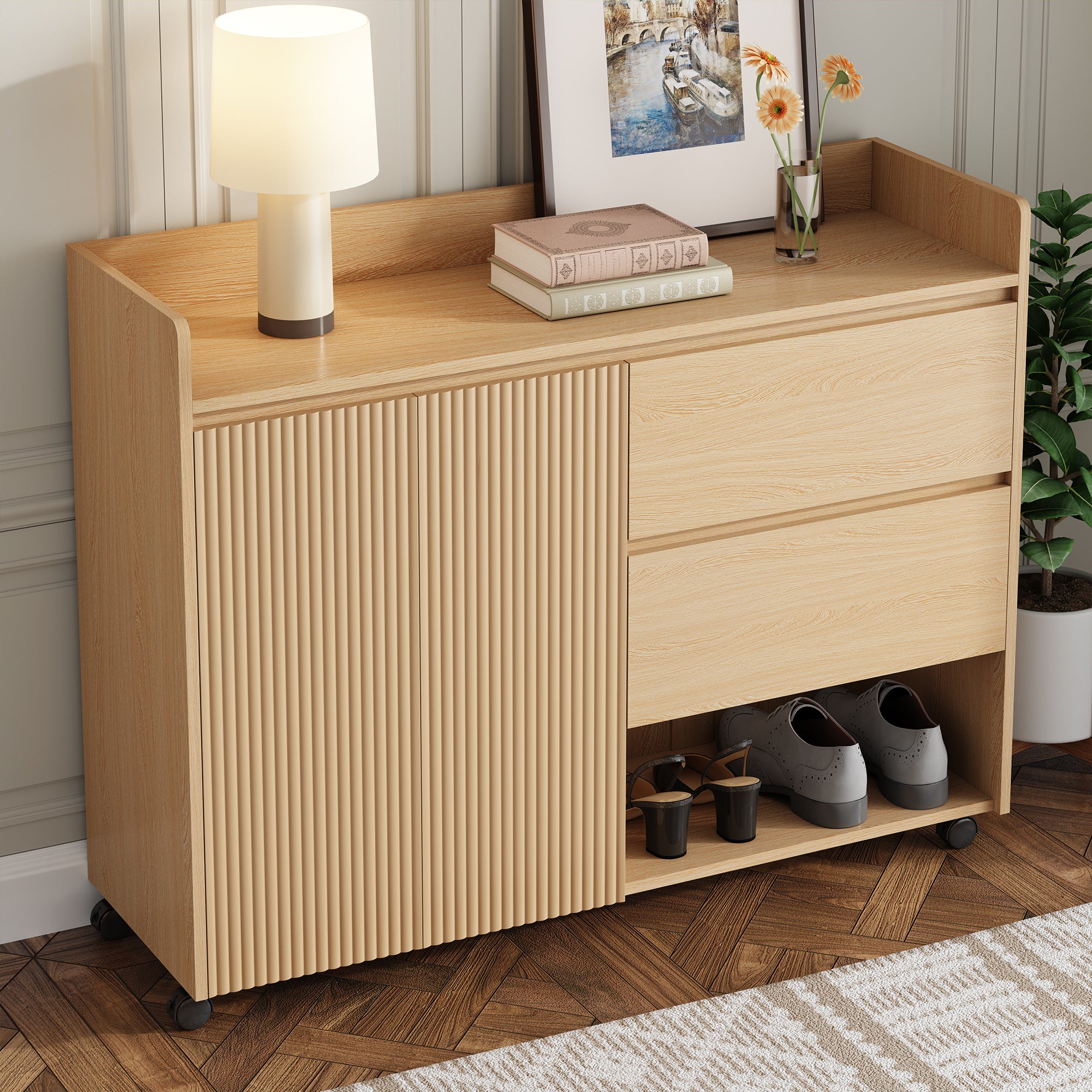 Shoe Cabinet, Movable with Adjustable Shelves, Soft-Closing Hinge, Natural MDF