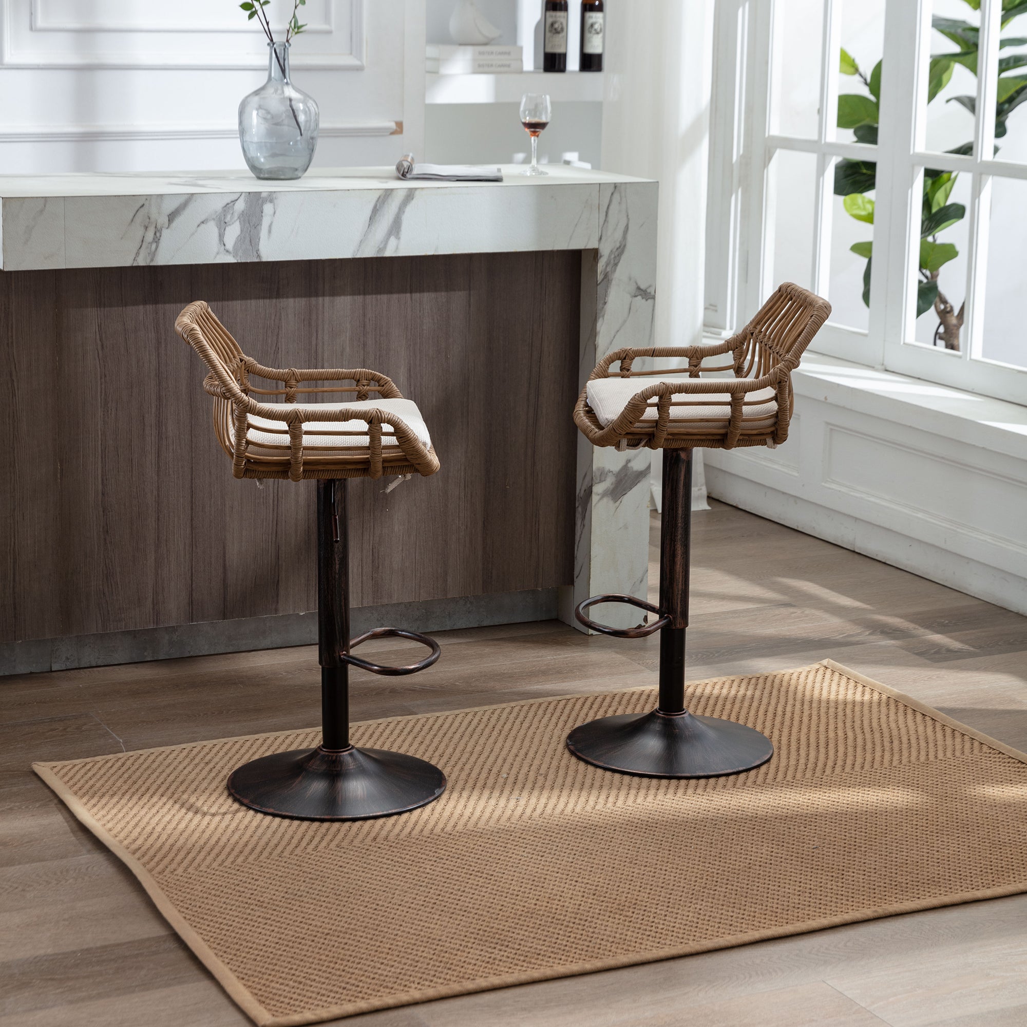 GOMYWAY 2 PCS Modern Swivel Bar Stools Height Adjustable, Wicker Beige
