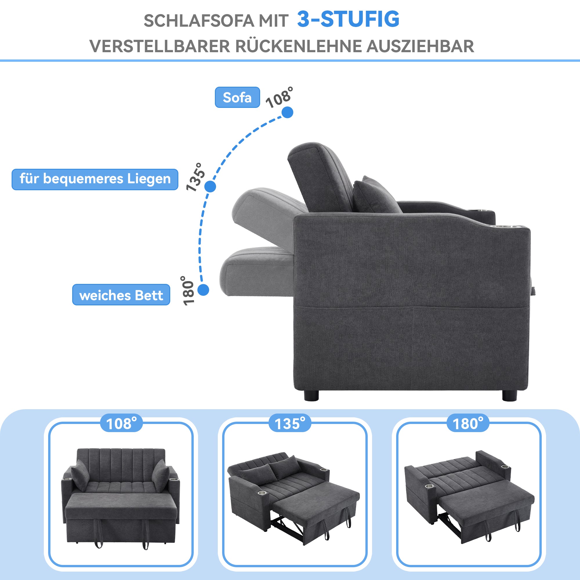 Modern Sofa Bed Multifunctional Adjustable Backrest with Drink Holder & Cushions