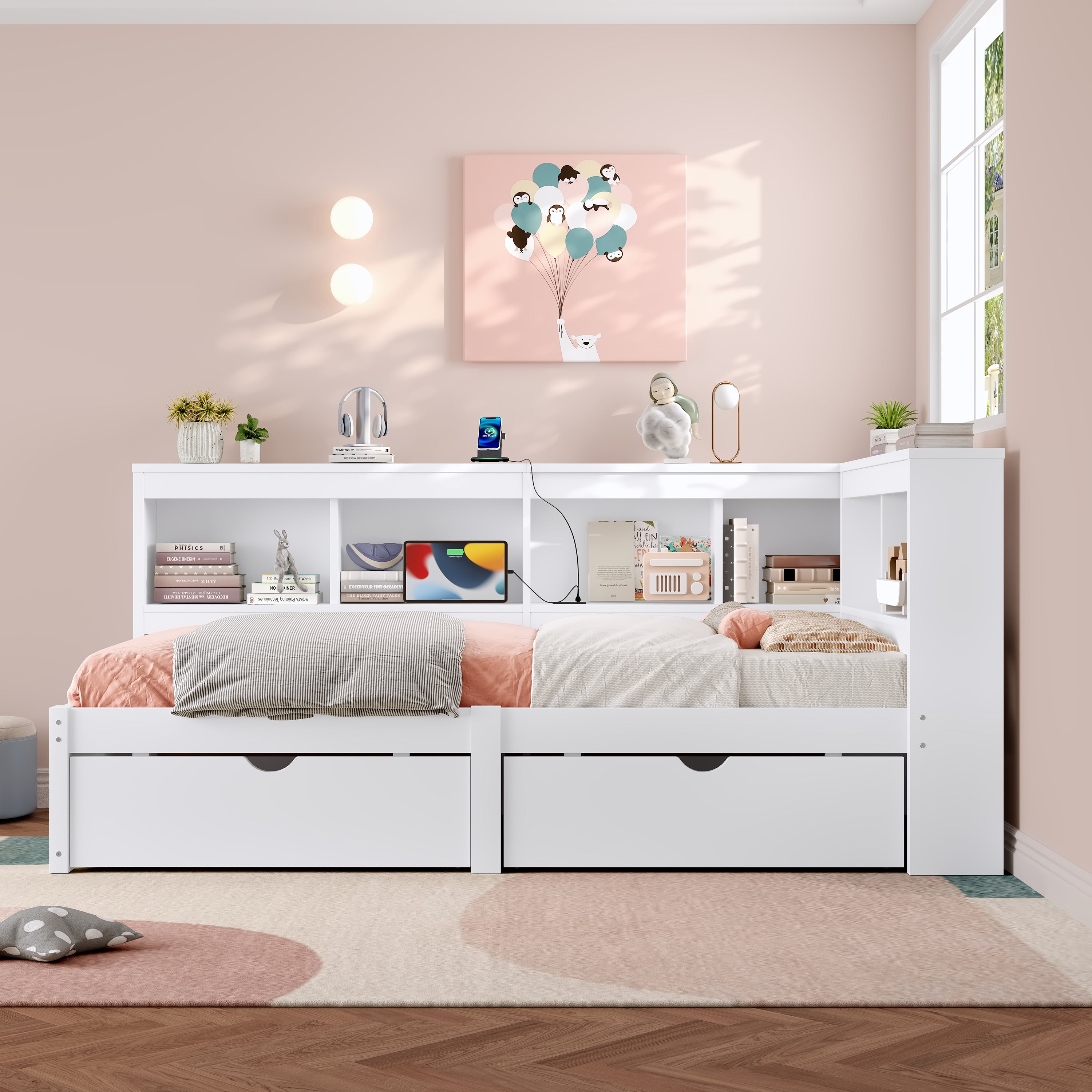 3ft Single L-Shape Daybed with Two Storage Drawers, Bookcase Storage, and Charging Station, Wood White