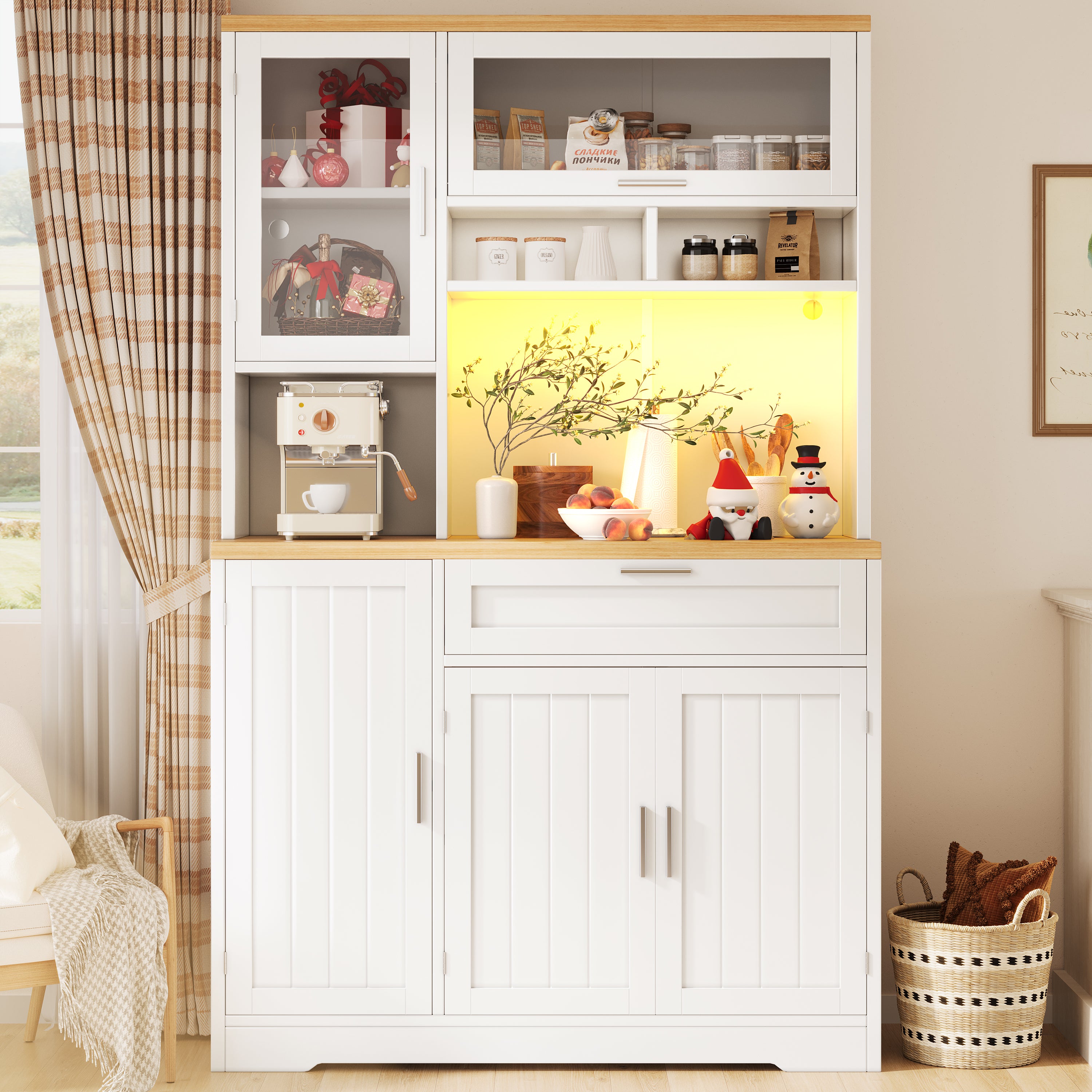 Tall Kitchen Cabinet Display Case with LED Lighting and Glass Doors, White and Black