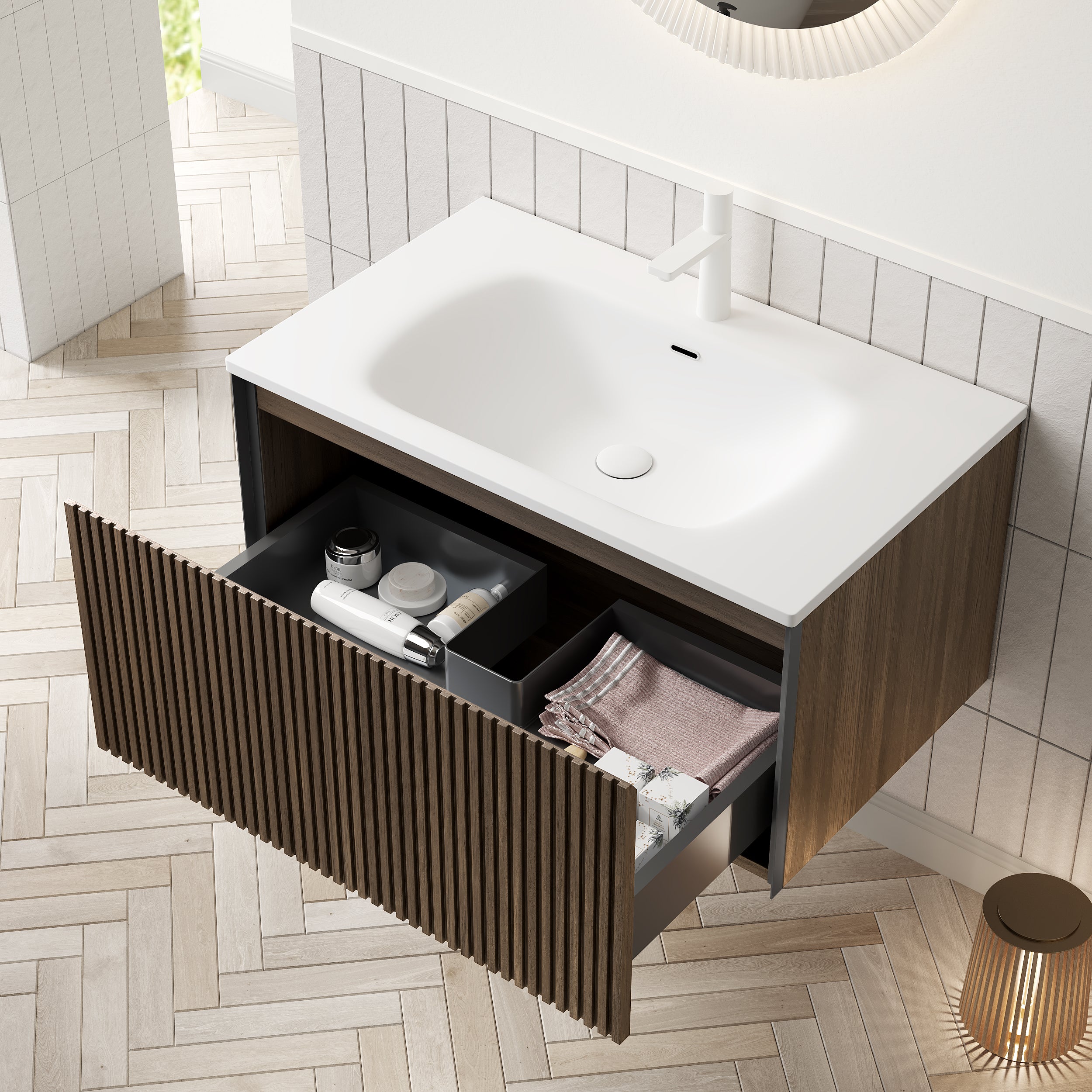 Bathroom Vanity Unit with Ceramic Sink and Drawer, 80cm Wall-Mounted Plywood, Brown Oak Finish