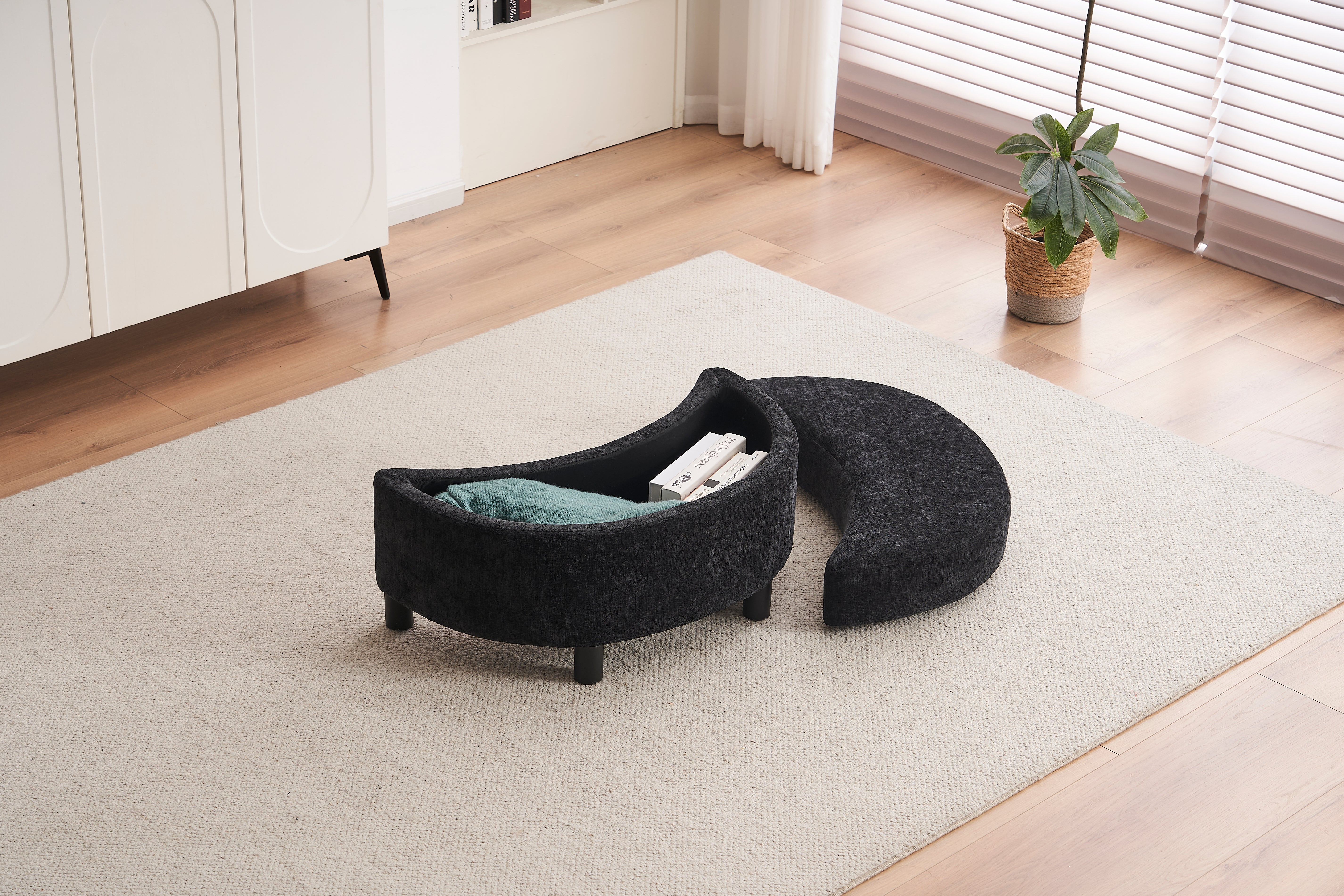 Chenille Swivel Armchair: 3 Back Cushion Pillow Ottoman Crescent Stool, Black