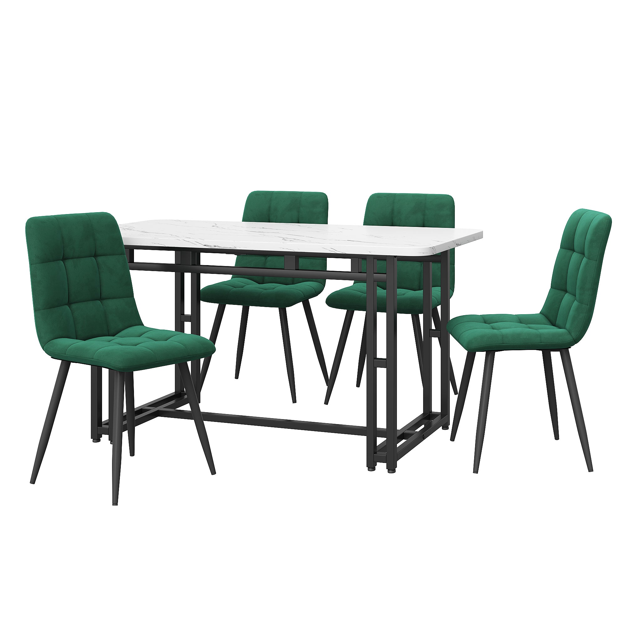 Dining Table Set, 120x70cm with 4 Chairs, Black Iron Leg & Dark Green Velvet