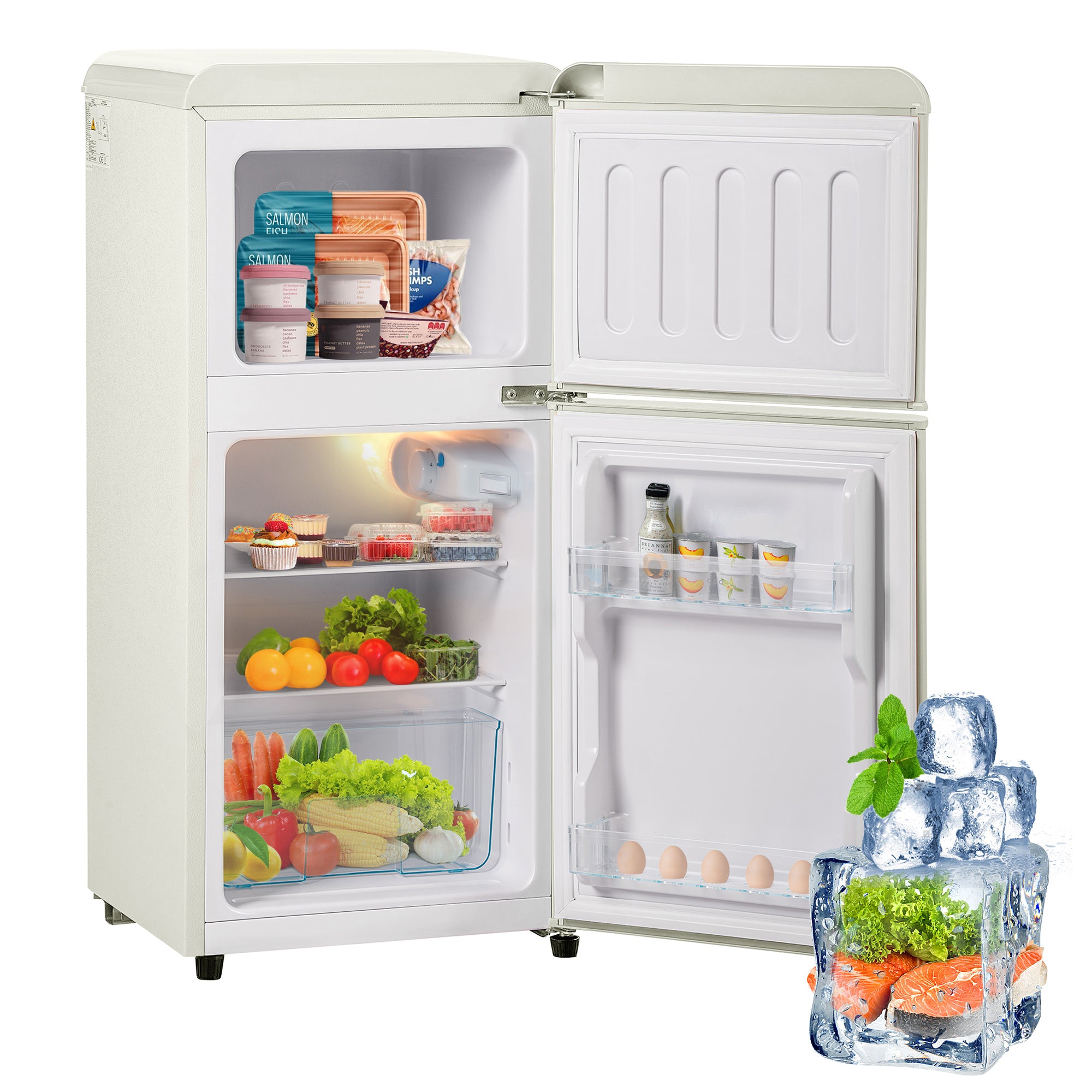 Retro Refrigerator Freezer, 60L Total Volume, 22L Freezer, Cream White