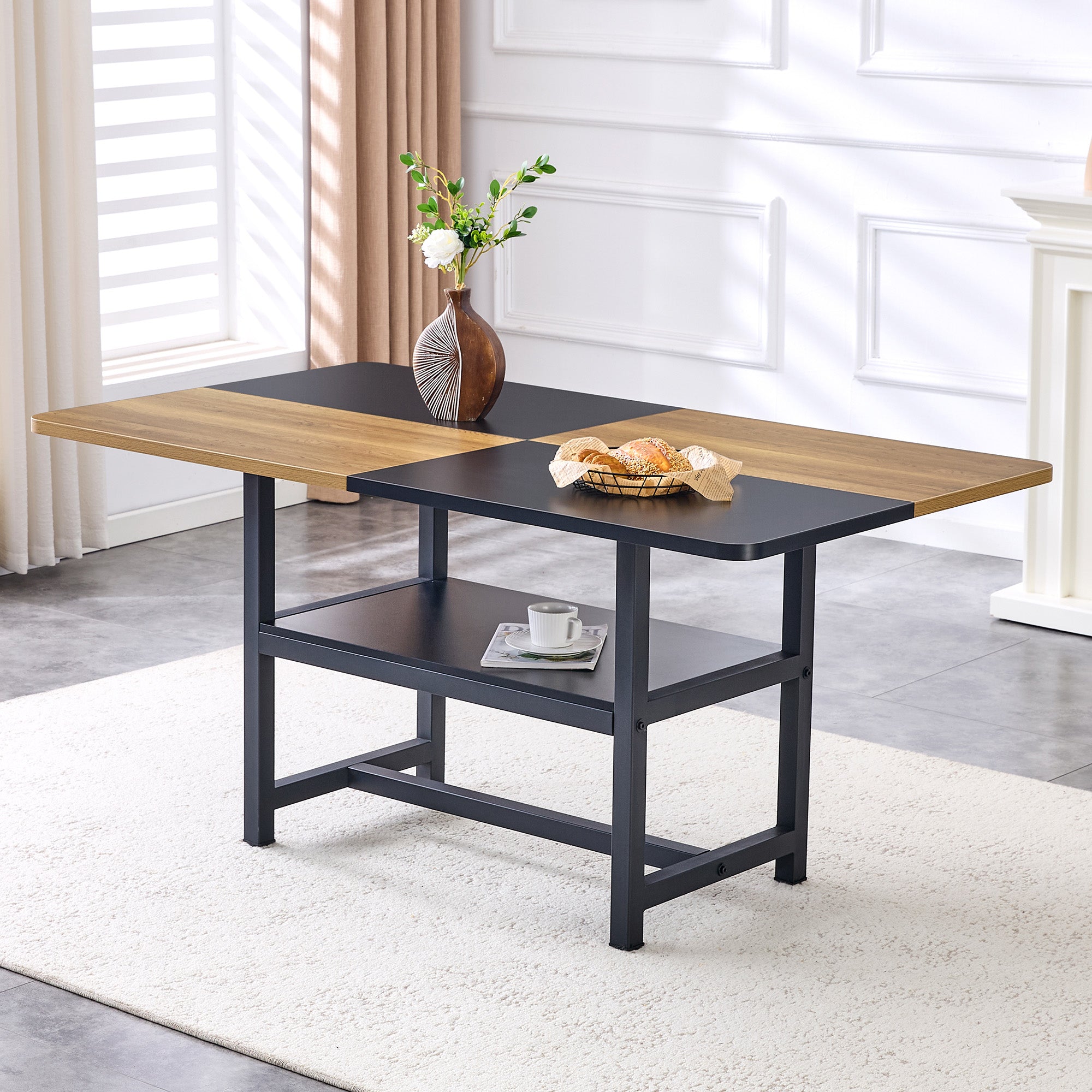 Dining Table Rectangular Industrial 160x90cm Storage Shelf - Brown/Black