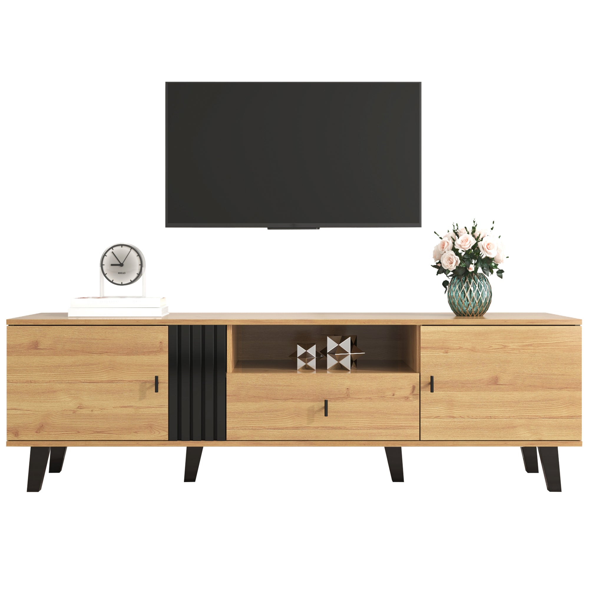 TV Cabinet, 170cm Lowboard with Drawers, Wood and Black