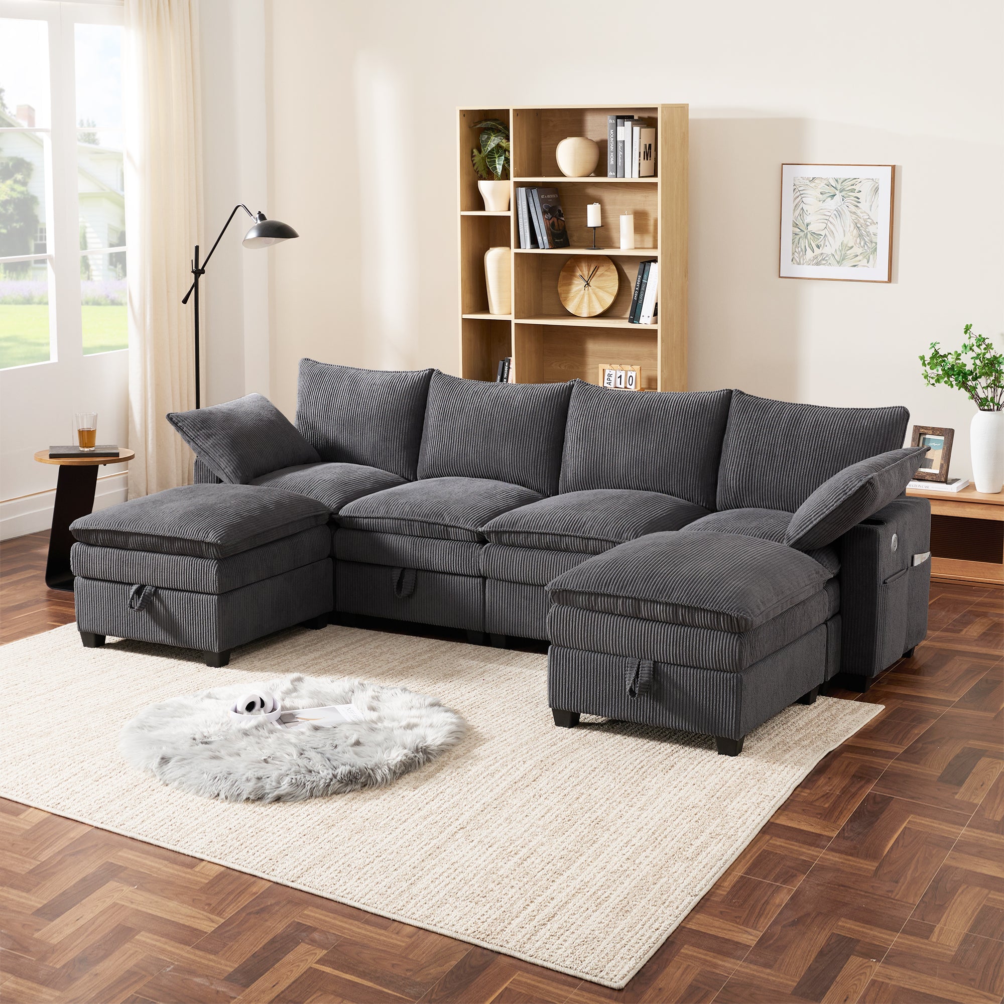 Modern L-shaped Sofa Modular Storage USB Footstool Gray Corduroy