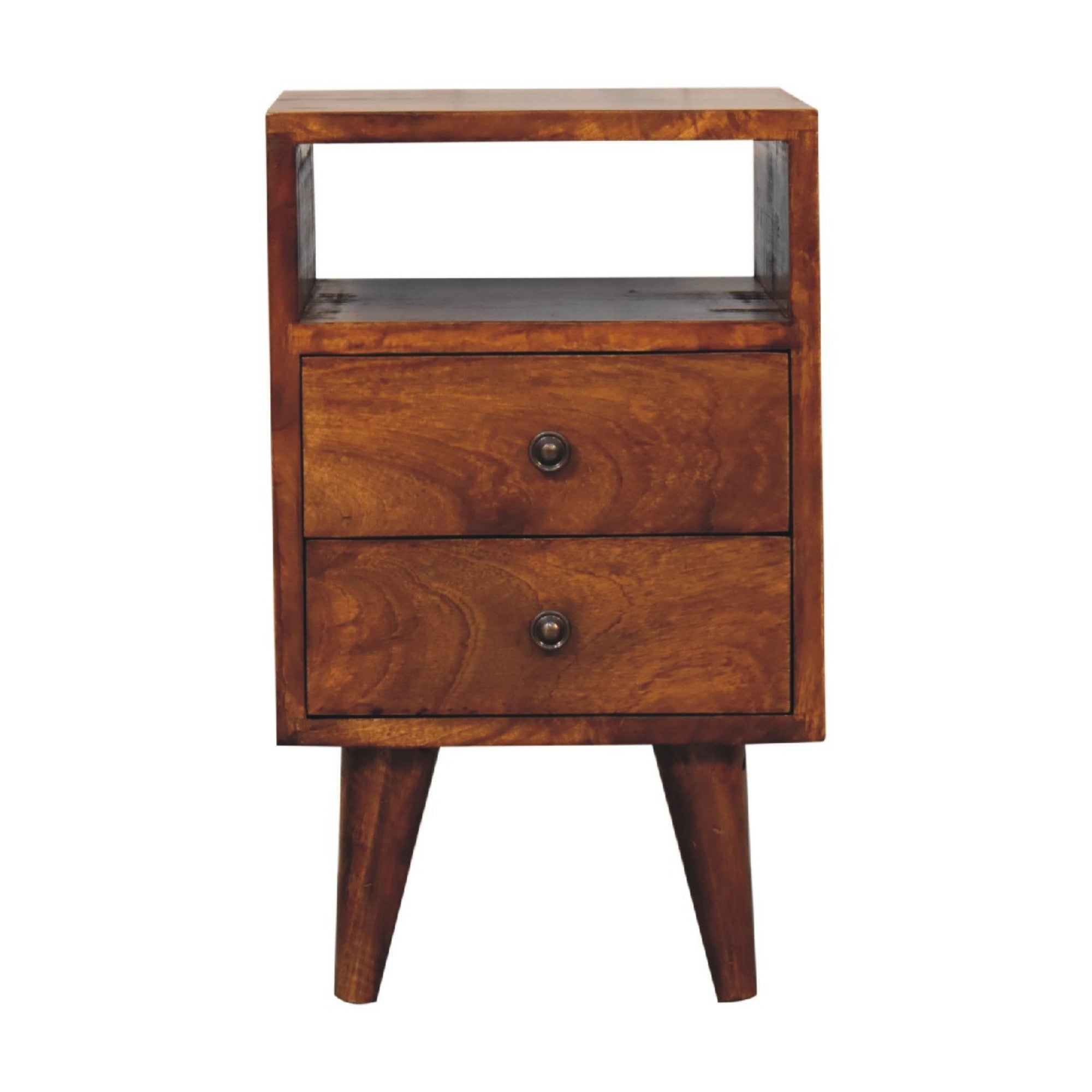 Solid Wood Bedside, 2 Drawers and Open Slot, Dark Brown