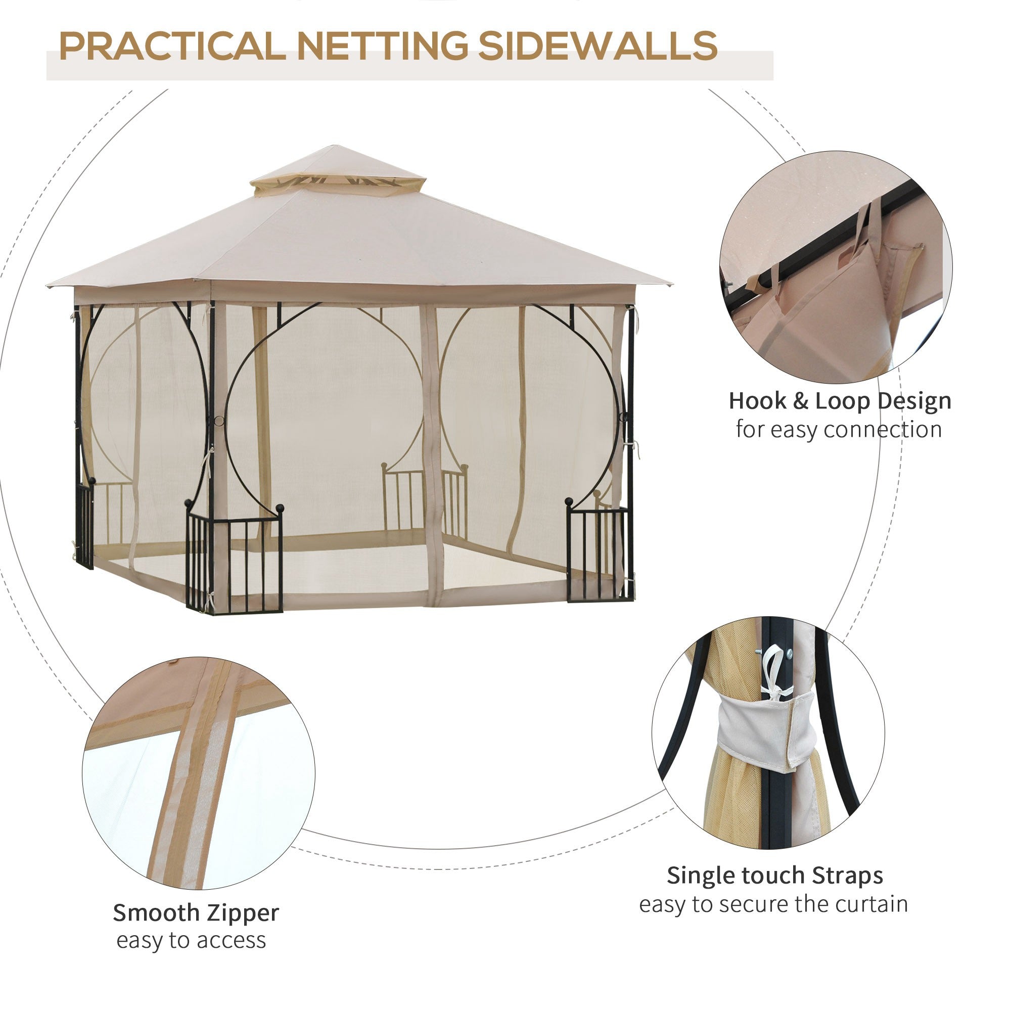 3x3m Garden Gazebo Double Tier Metal Frame Netting, Beige
