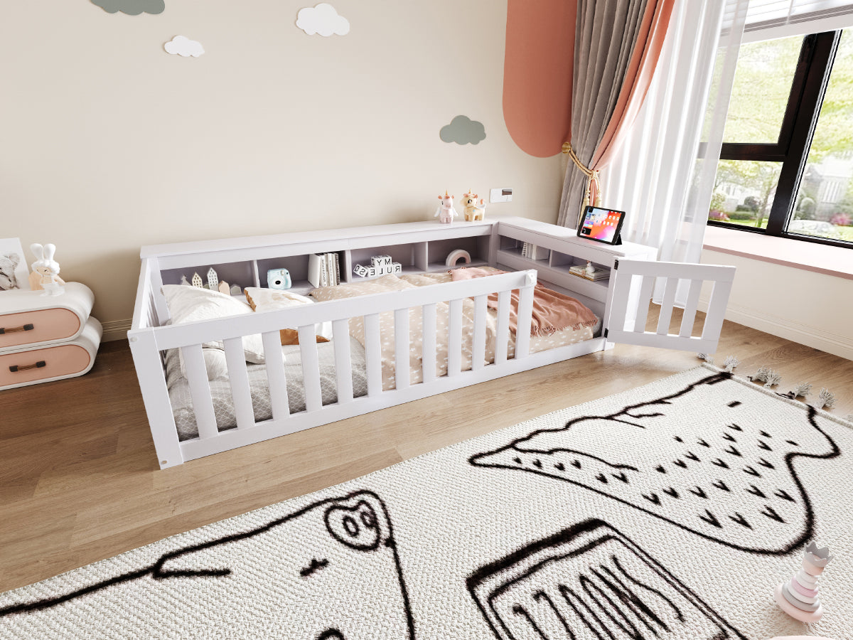 Multifunctional Children's Bed 90 x 200 cm, Storage, Safety Gate, Solid Wood, White