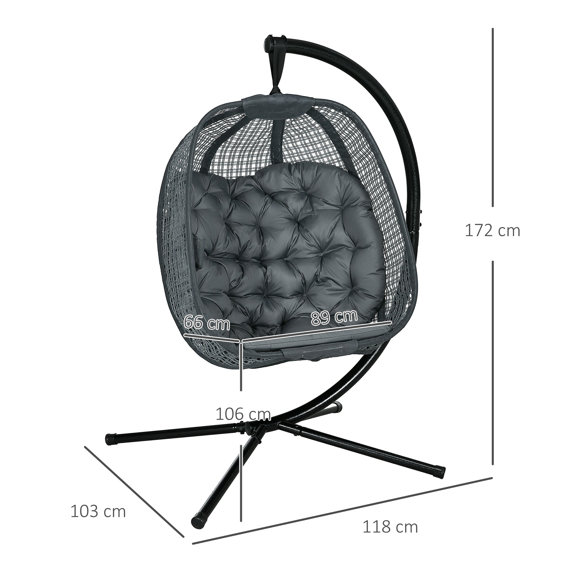 Outdoor Swing Chair, Hanging Egg Chair with Foldable Basket & Cup Holder, Dark Grey Steel