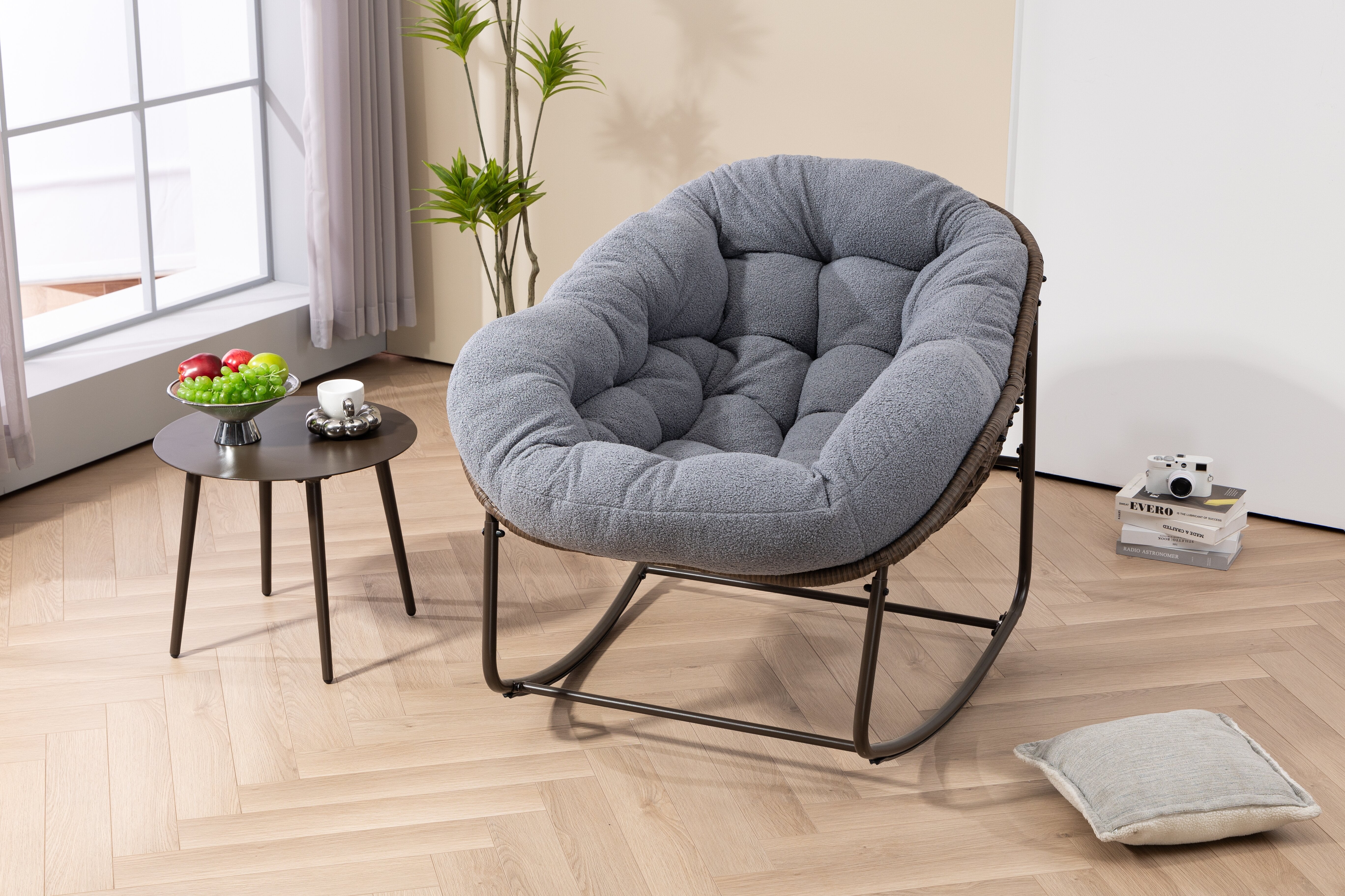 Outdoor Rattan Rocking Chair Padded Cushion Recliner, Gray