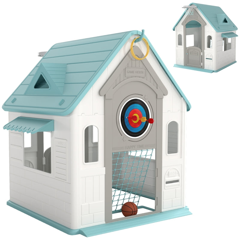 5-in-1 Playhouse for Kids Outdoor Indoor with Basketball Hoop, Football Goal, Dartboard, Ring Toss, Beige