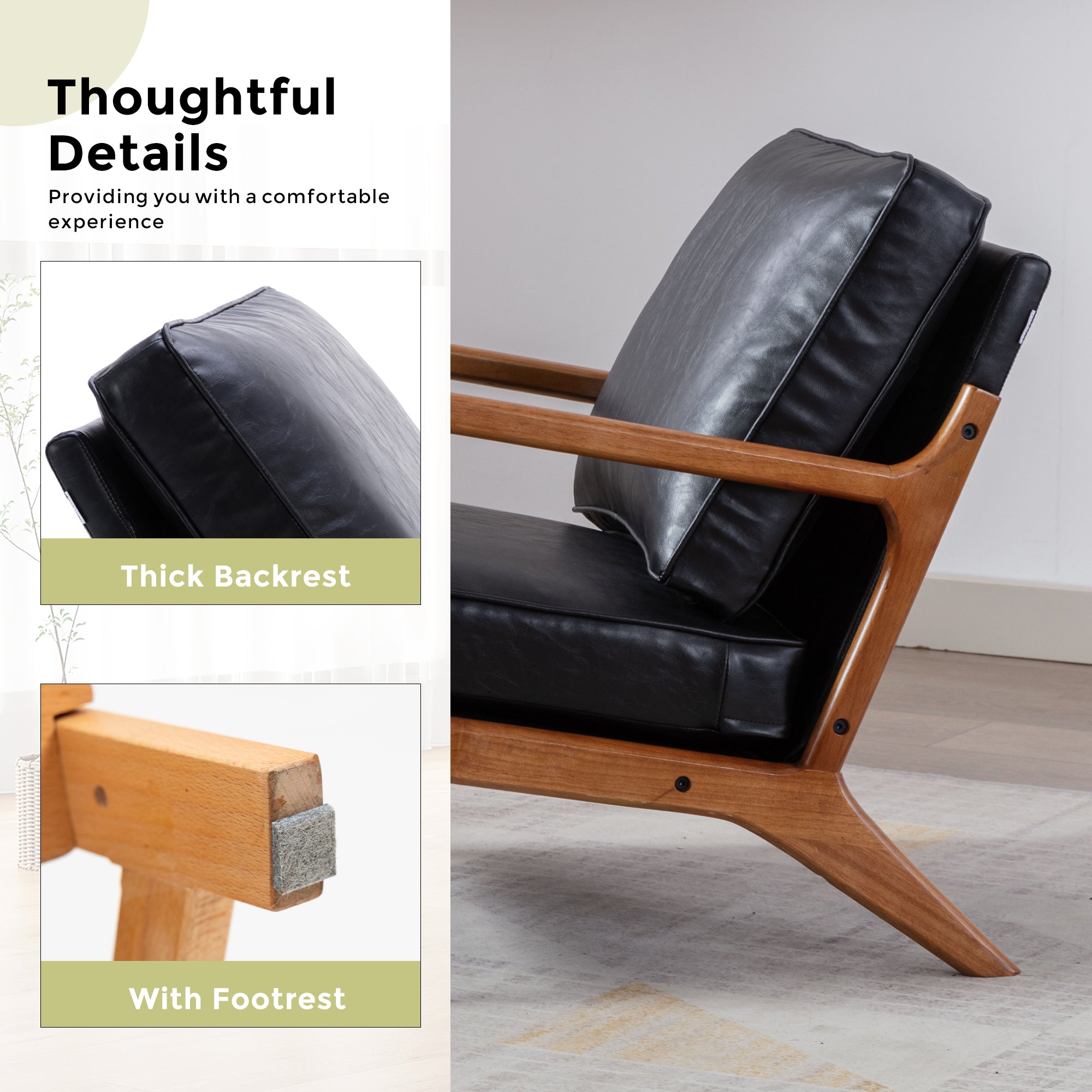 GOMYWAY Accent Chair Mid-Century Modern Armchair with Solid Wood Frame, Black