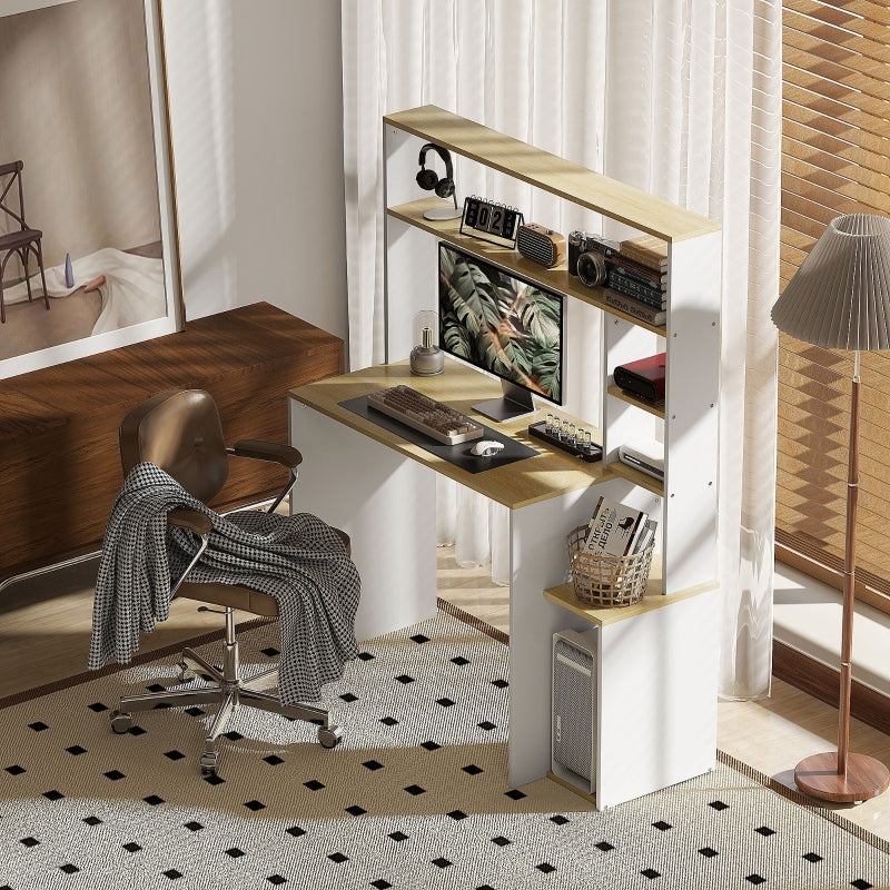 Desk, Computer Office Table with Open Shelves, CPU Stand, Steel Frame, Oak