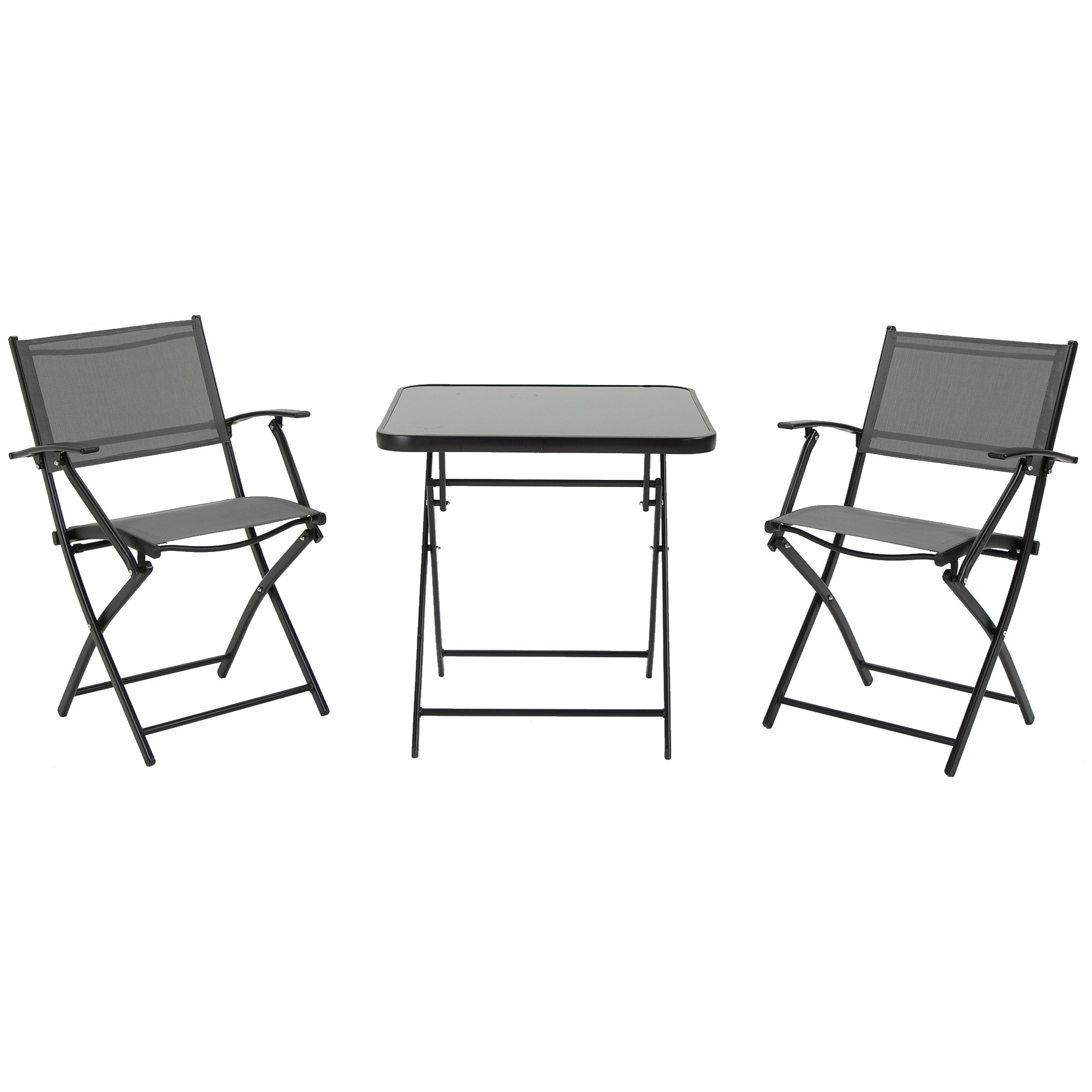 Folding Balcony Set, 2-Person Table & Chairs, Metal Mesh, Black & Grey