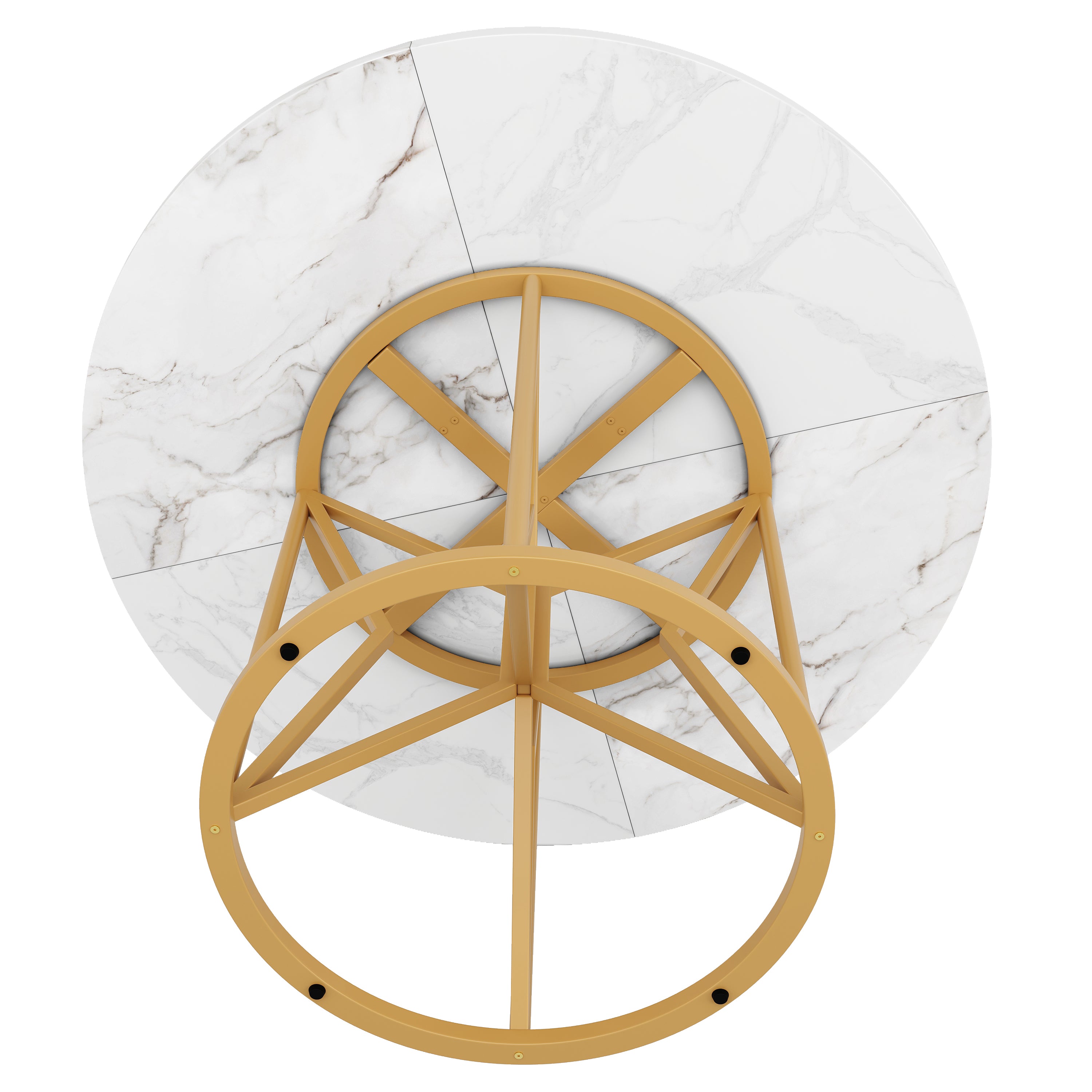Round Dining Table 100cm Marbled MDF Geometric Metal Legs - Gold Accents