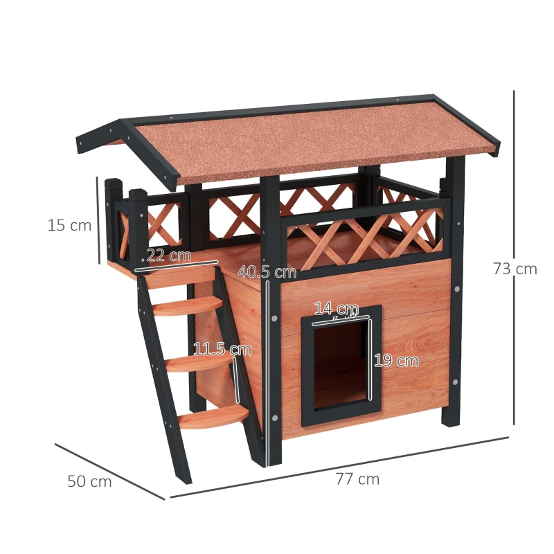 Cat House Outdoor with Balcony Stairs Roof, 77 x 50 x 73 cm, Brown