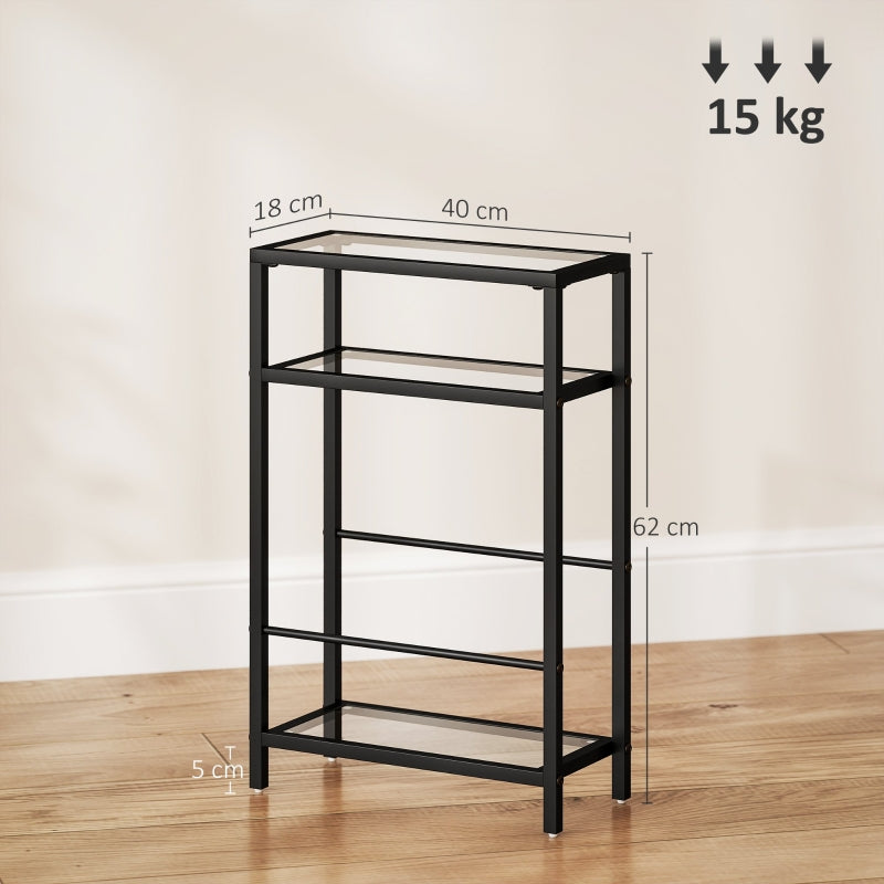 Side Table, 3 Levels Tempered Glass with Steel Frame, Black