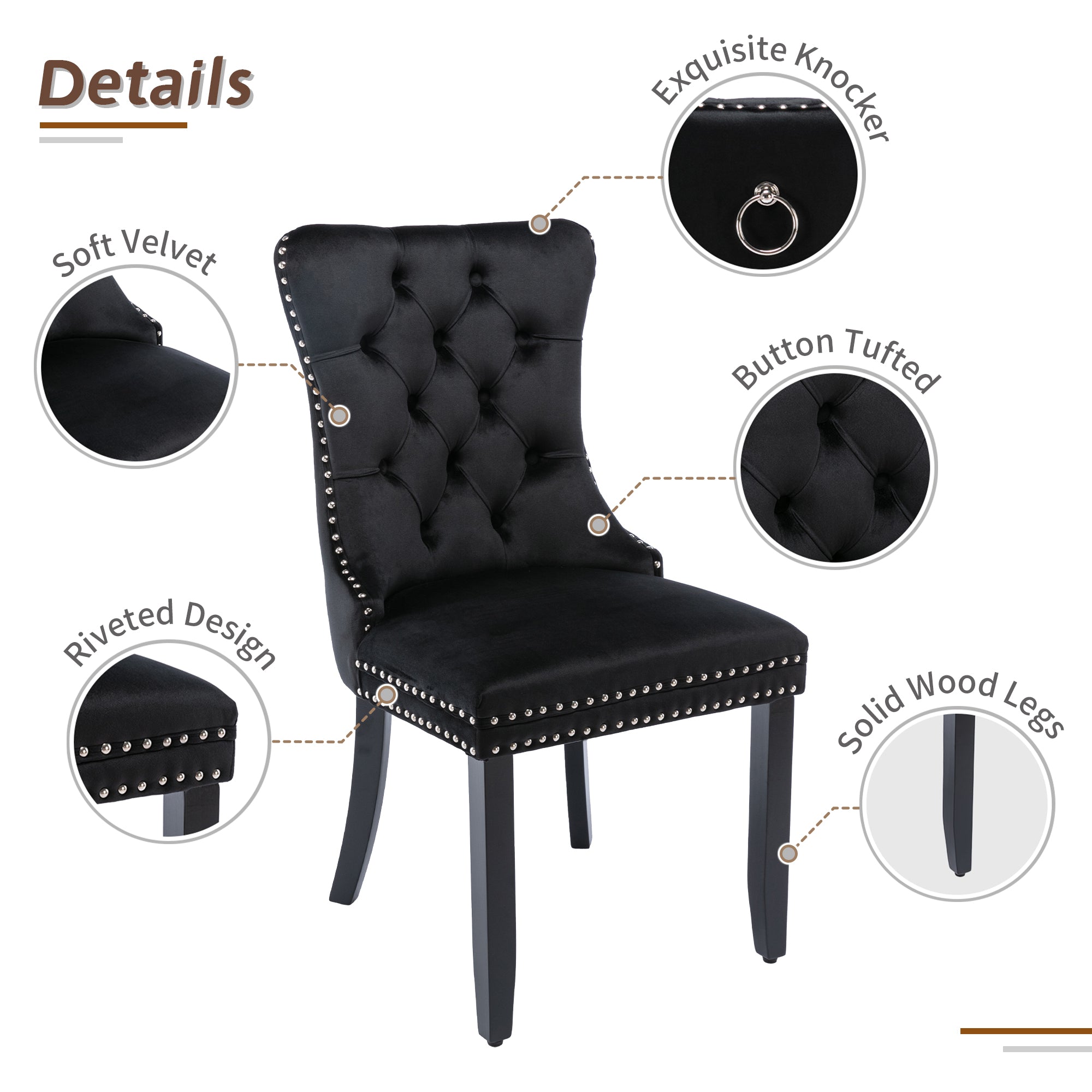 Upholstered Velvet Dining Chairs, Button Tufted with Solid Wood Legs, Riveted Trim & Knocker Ring, Set of 6, Black