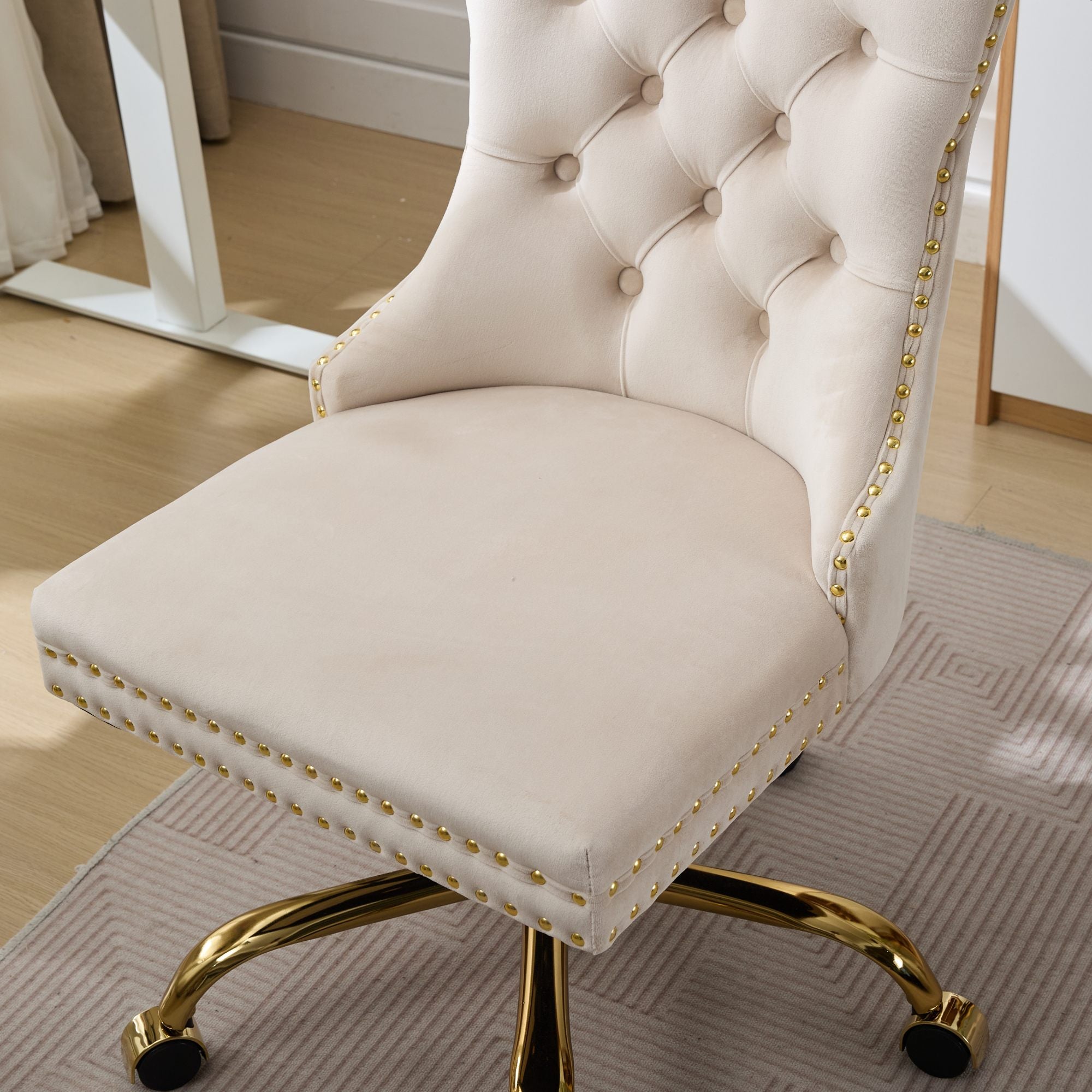 Home Office Chair Tufted Adjustable Swivel Golden Base - Beige Velvet