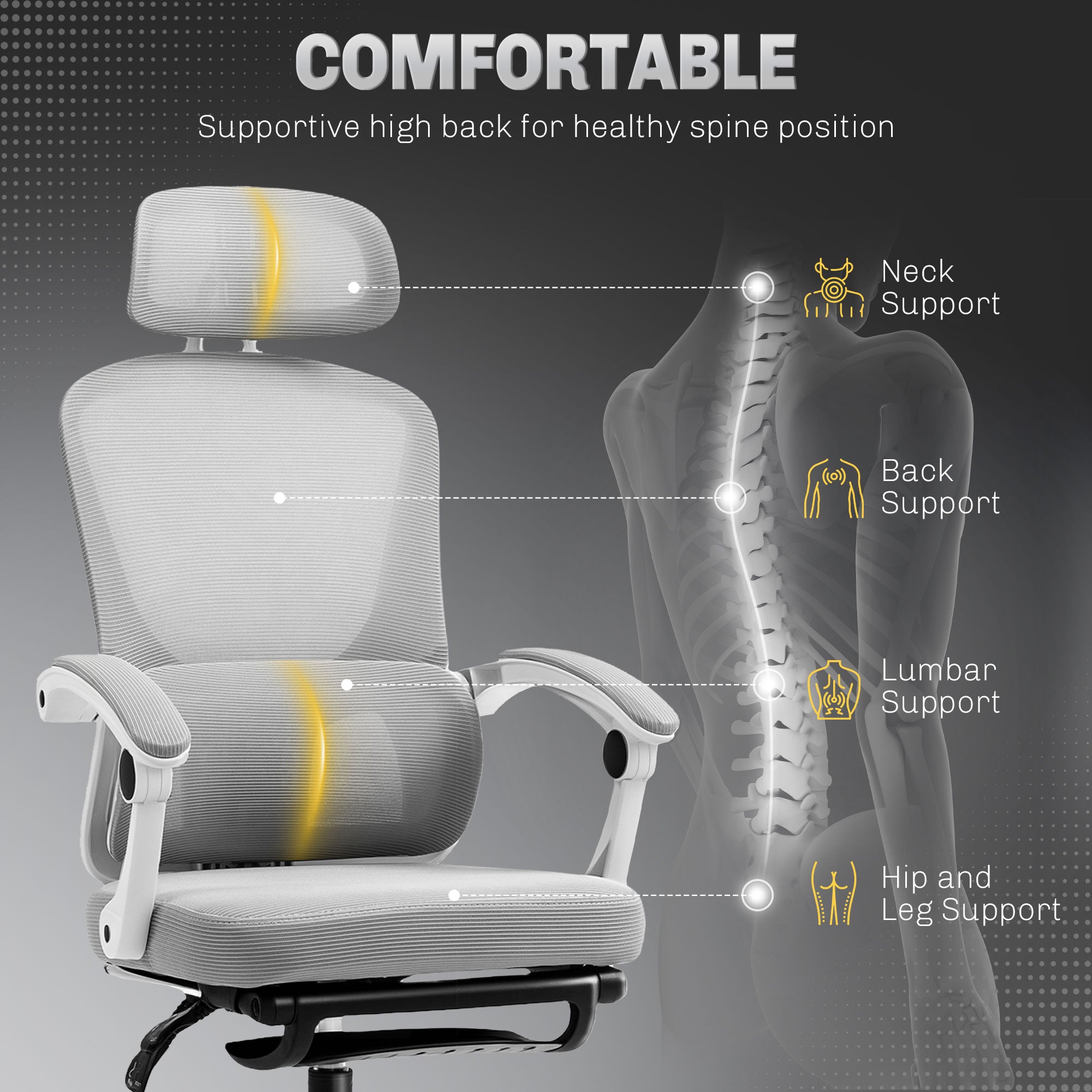 Ergonomic Office Chair, Adjustable Lumbar, Headrest, Footrest, Reclining Swivel, Mesh High Back, Grey