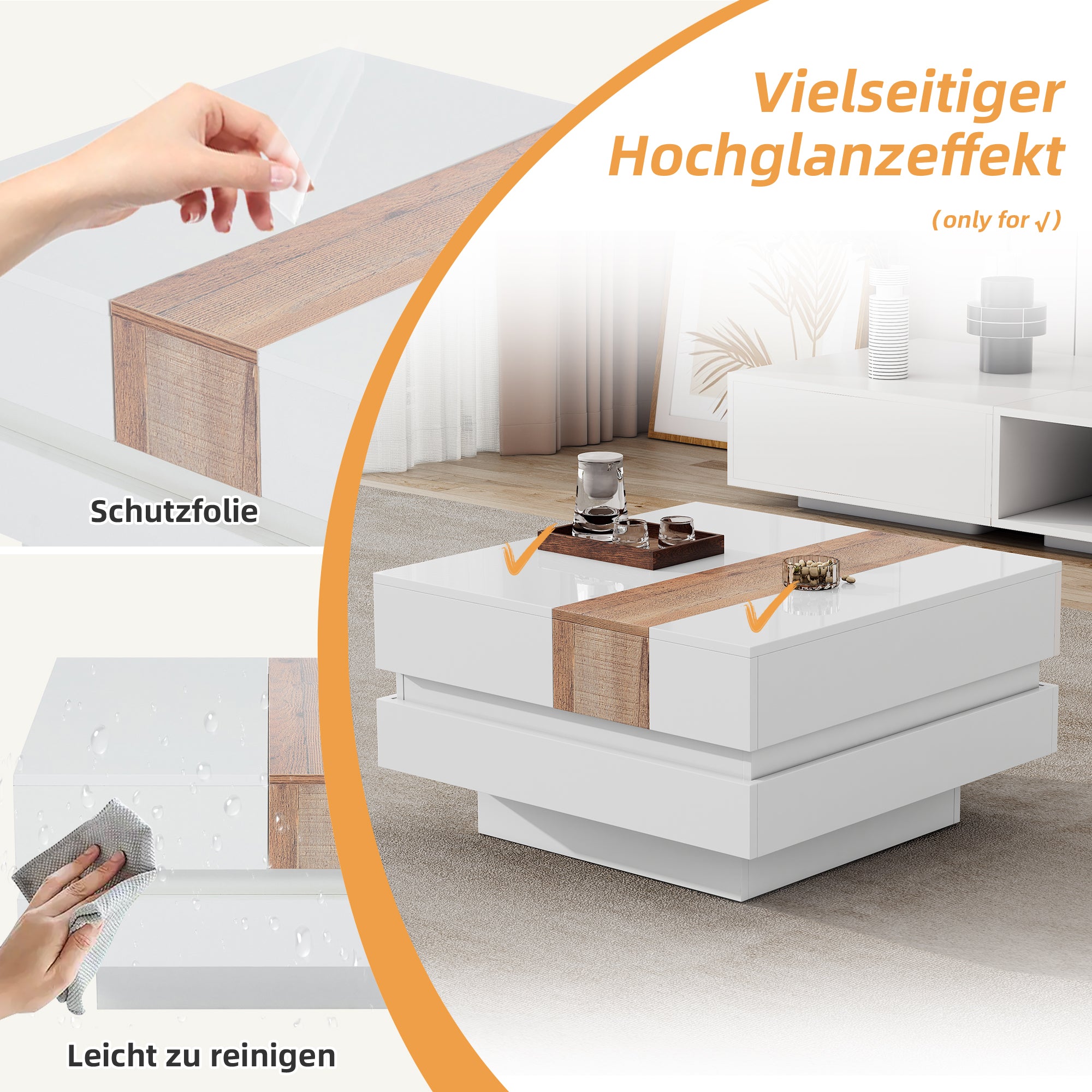 Coffee Table, Square with Extendable Top & Hidden Storage, White High Gloss