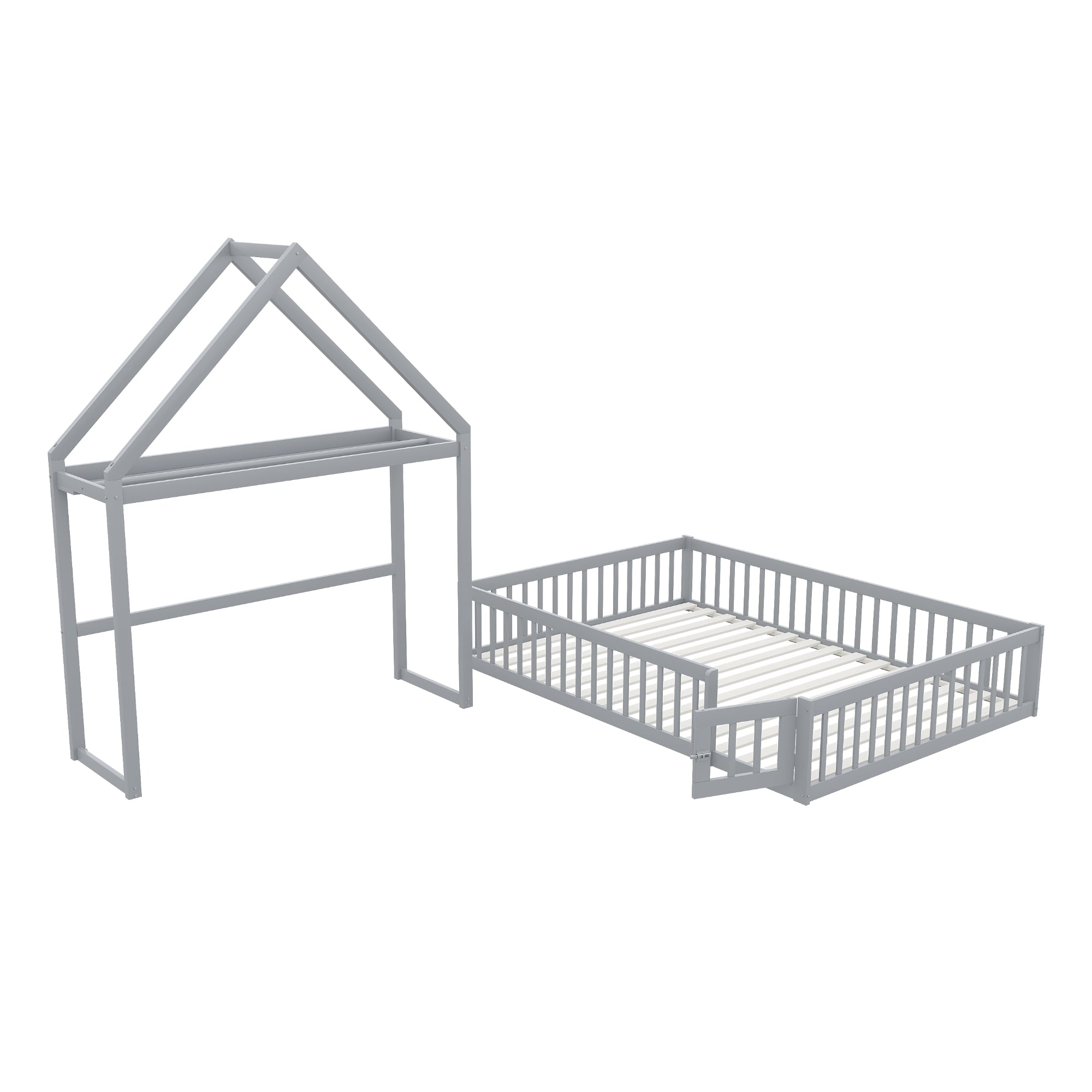 Children's Bed, 140x200 Solid Wood with Storage, Full Safety Gate & Slatted Frame, Grey