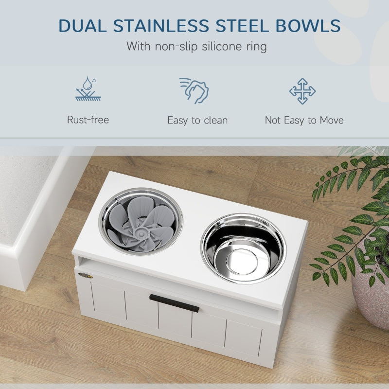 Raised Dog Bowl with Slow Feeder, Two Stainless Steel Bowls, Drawer, White