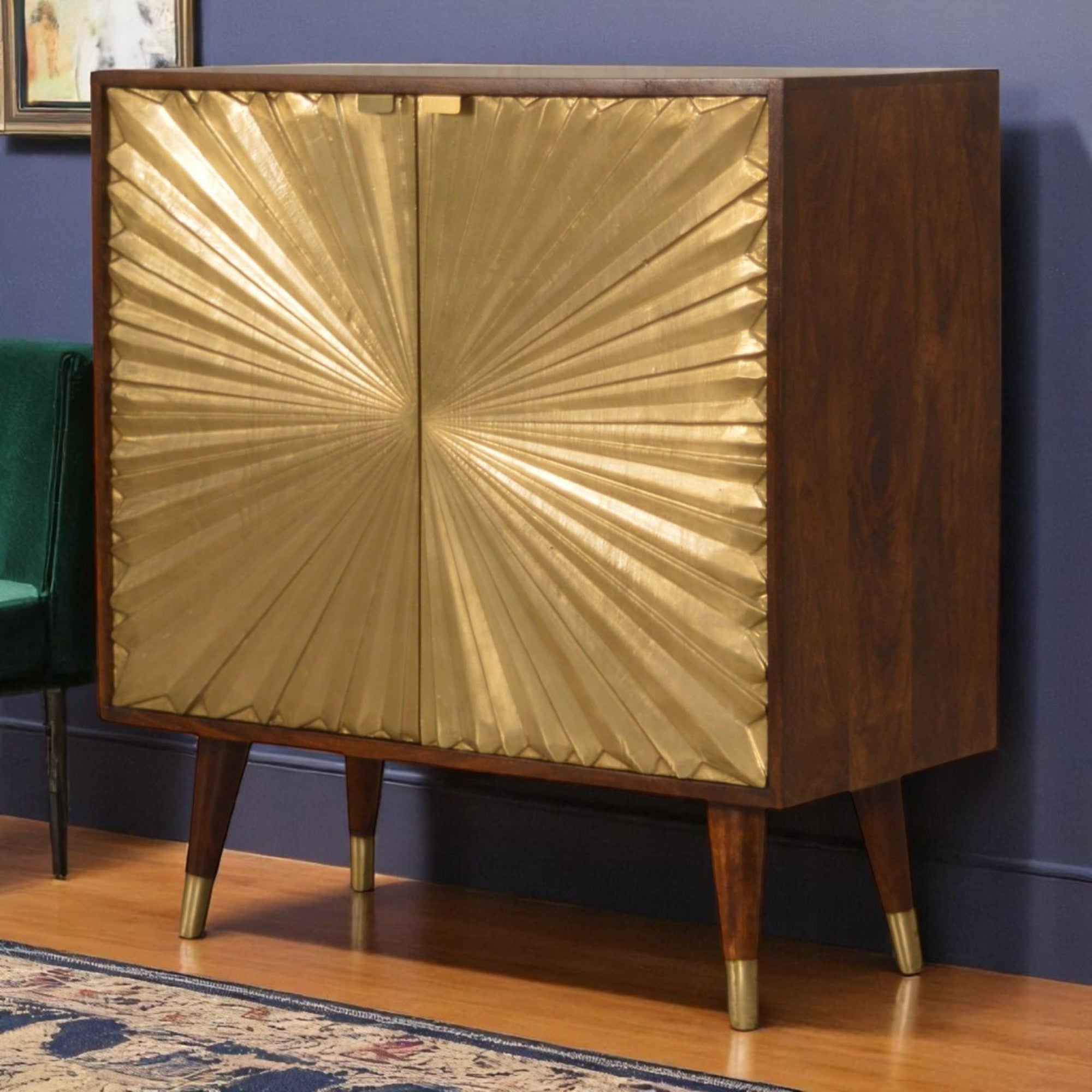 Solid Wood Cabinet with Brass-Plated Doors, Manila Gold and Dark Brown