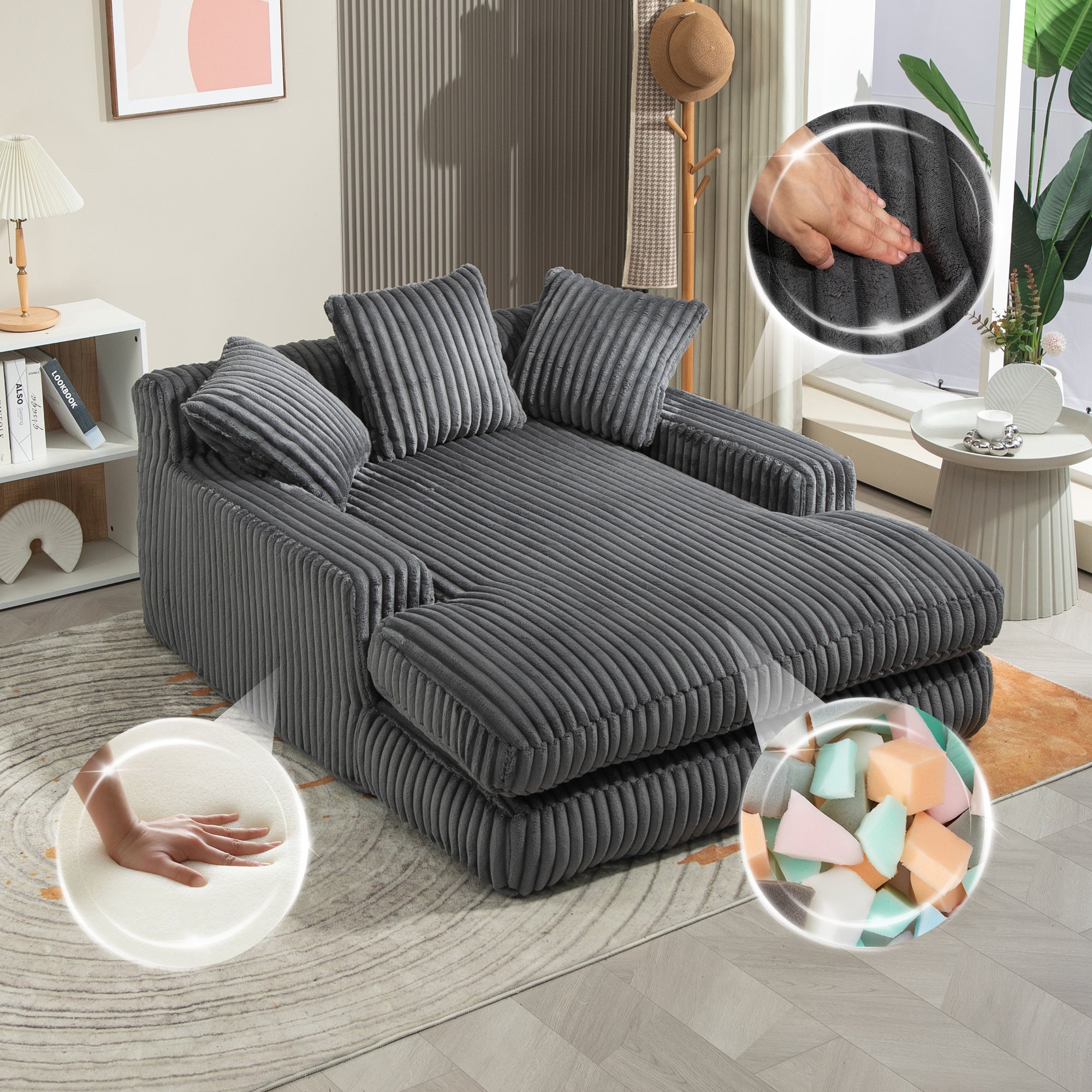 Sofa Bed, Cloud Couch with 3 Soft Pillows, Single Seat, Dark Grey Corduroy
