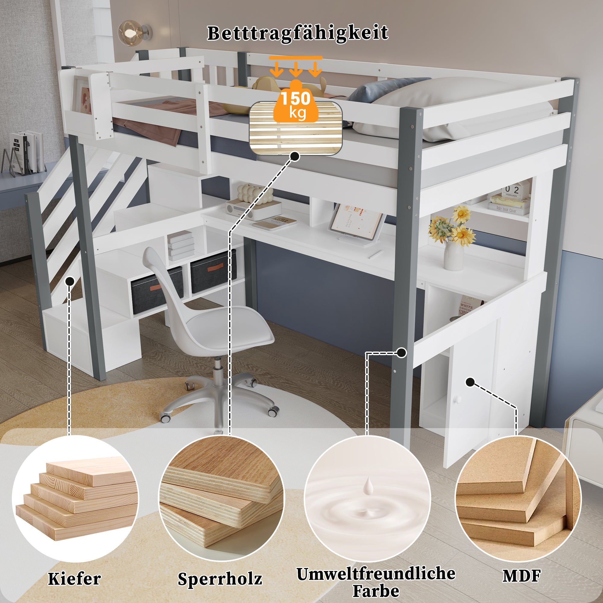 Mid-height bed, fabric storage box, side ladder, open shelf, desk and lockers, Pine+MDF, White+Grey