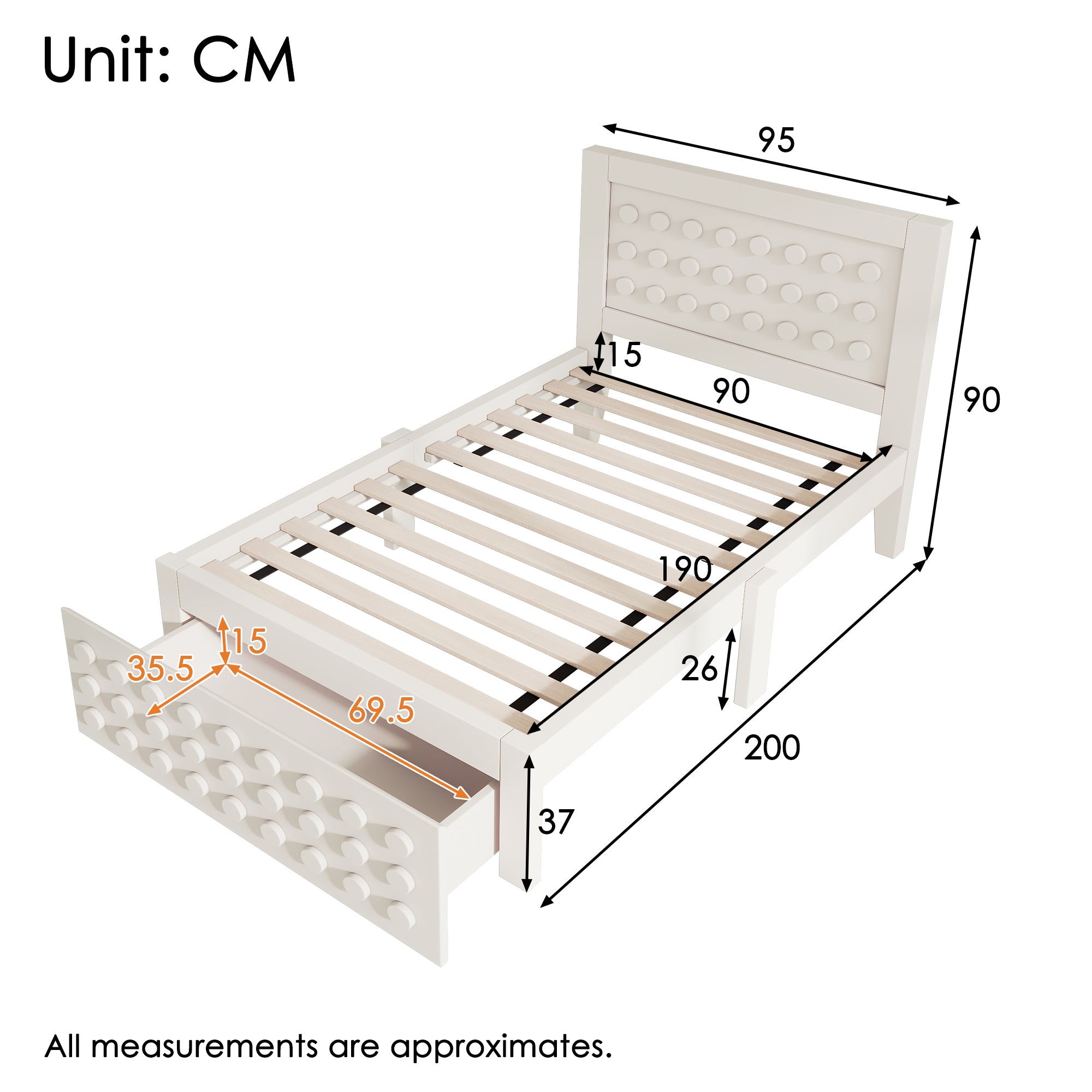 Wooden single bed 90x190cm children's bed with creative block design, solid wood frame with slatted frame, with drawers and underbed storage, white