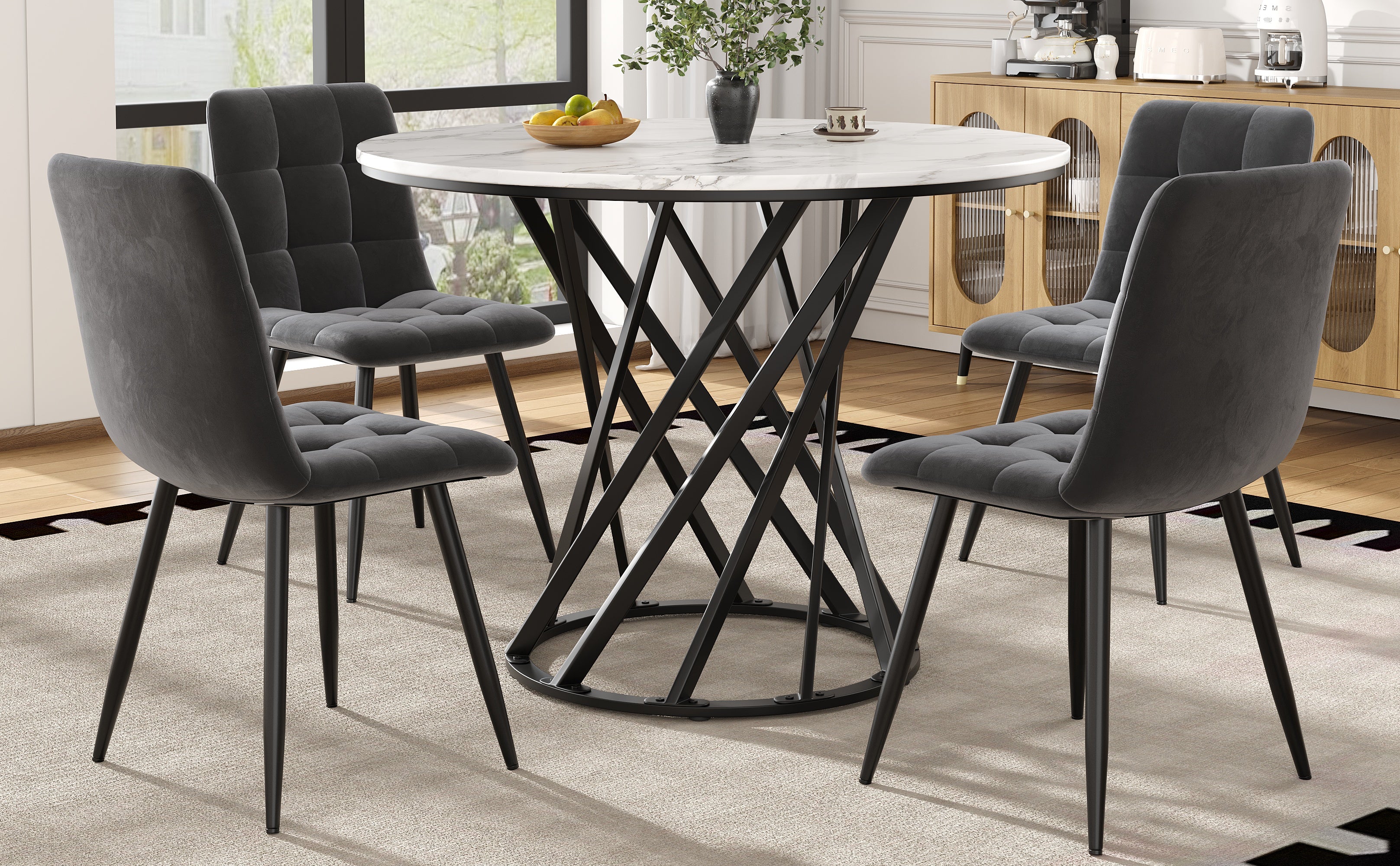 Dining Table Set 5-piece Round 80cm 4 Chairs Black Metal Legs White MDF Velvet