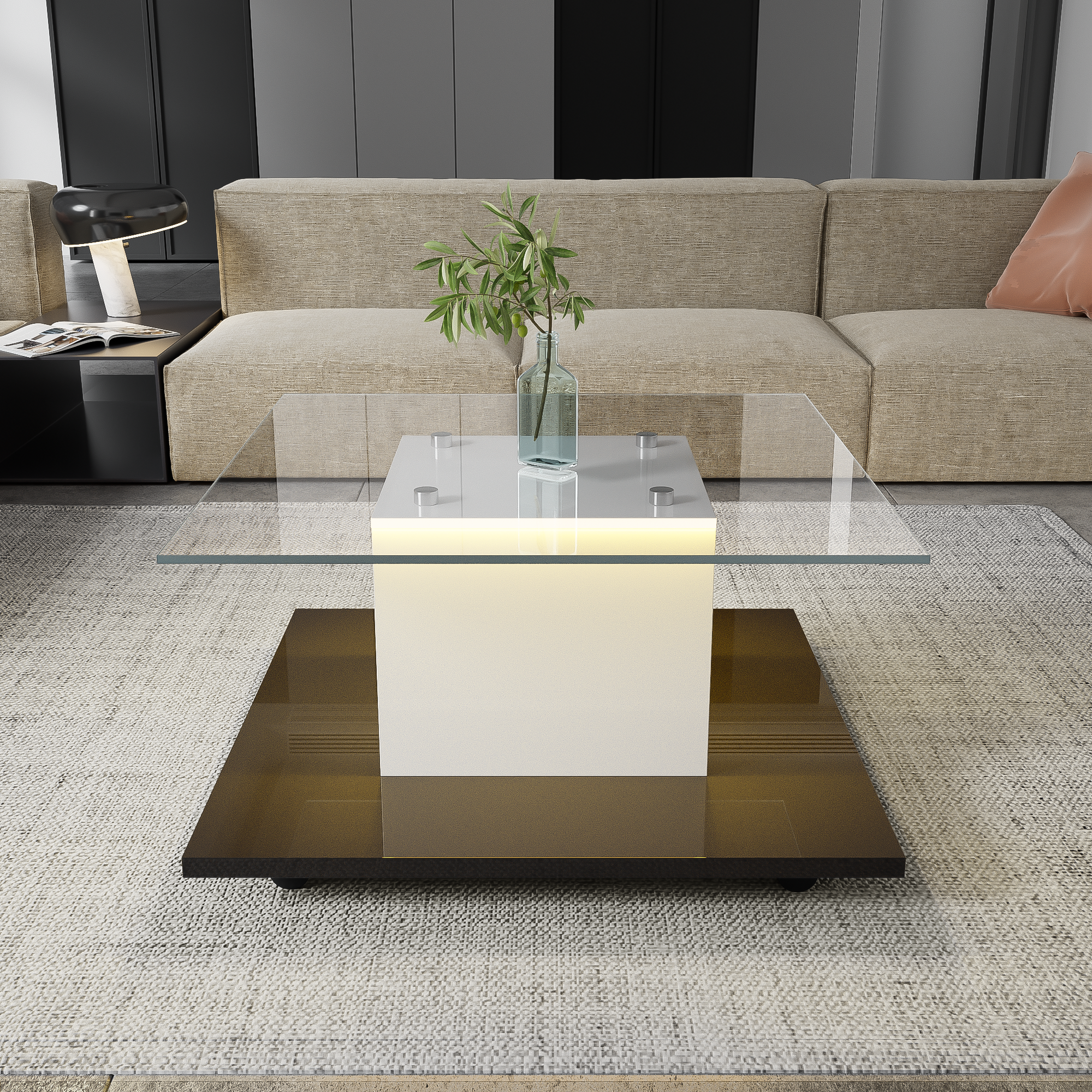 Coffee Table, High-Gloss Glass with Swivel Wheels