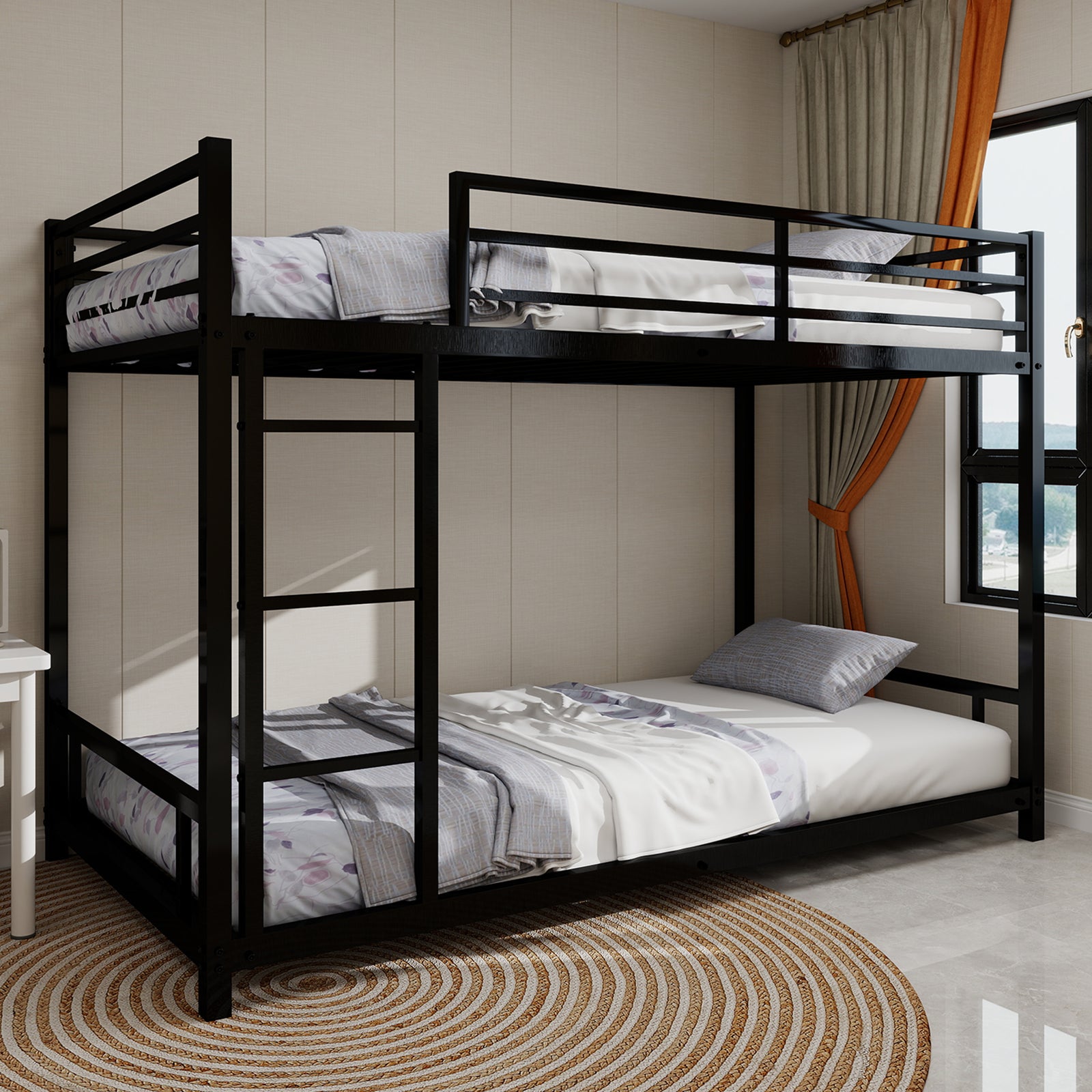 Metal Bunk Bed, Two Single Beds, Heavy-Duty, Quiet, Safety Railing, No Box Spring Required, Metal