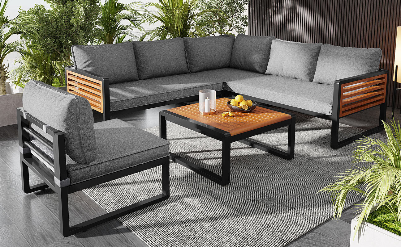 Garden Lounge Set 5-6 Seater Galvanized Iron Frame Wood Armrests