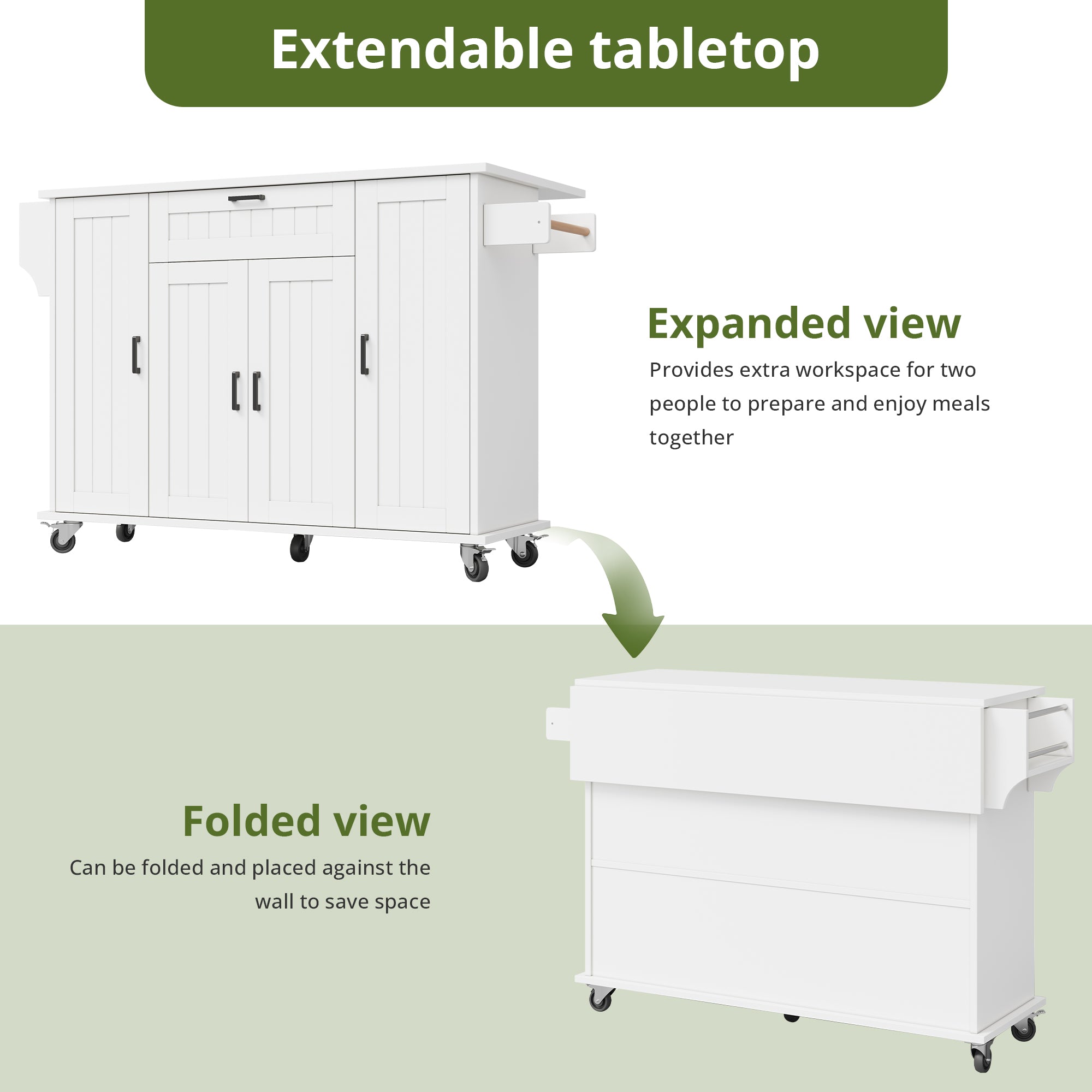 Mobile Kitchen Island Folding Worktop, Cabinet Storage, Spice Racks & Towel Rails - White