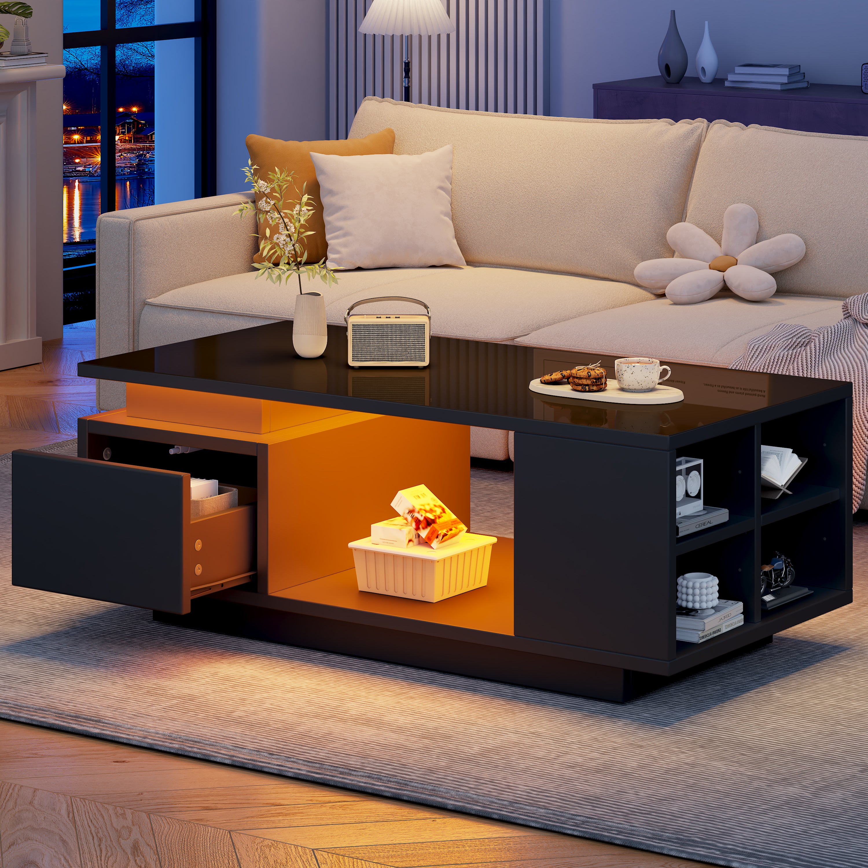 Coffee Table 100x50x36cm High-Gloss LED with Drawer Side Storage Black