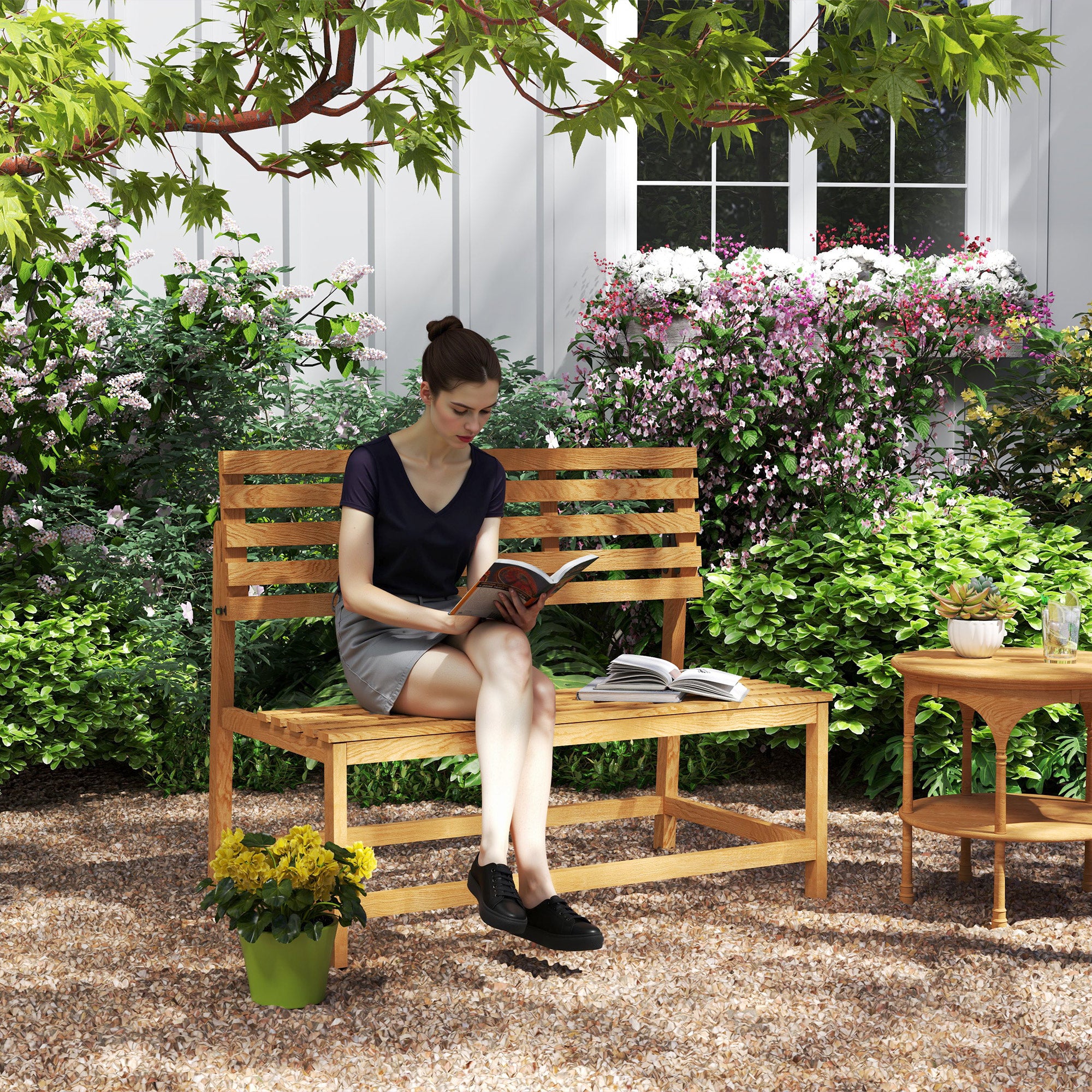 2-seater Garden Bench, Weatherproof Convertible, Teak Wood