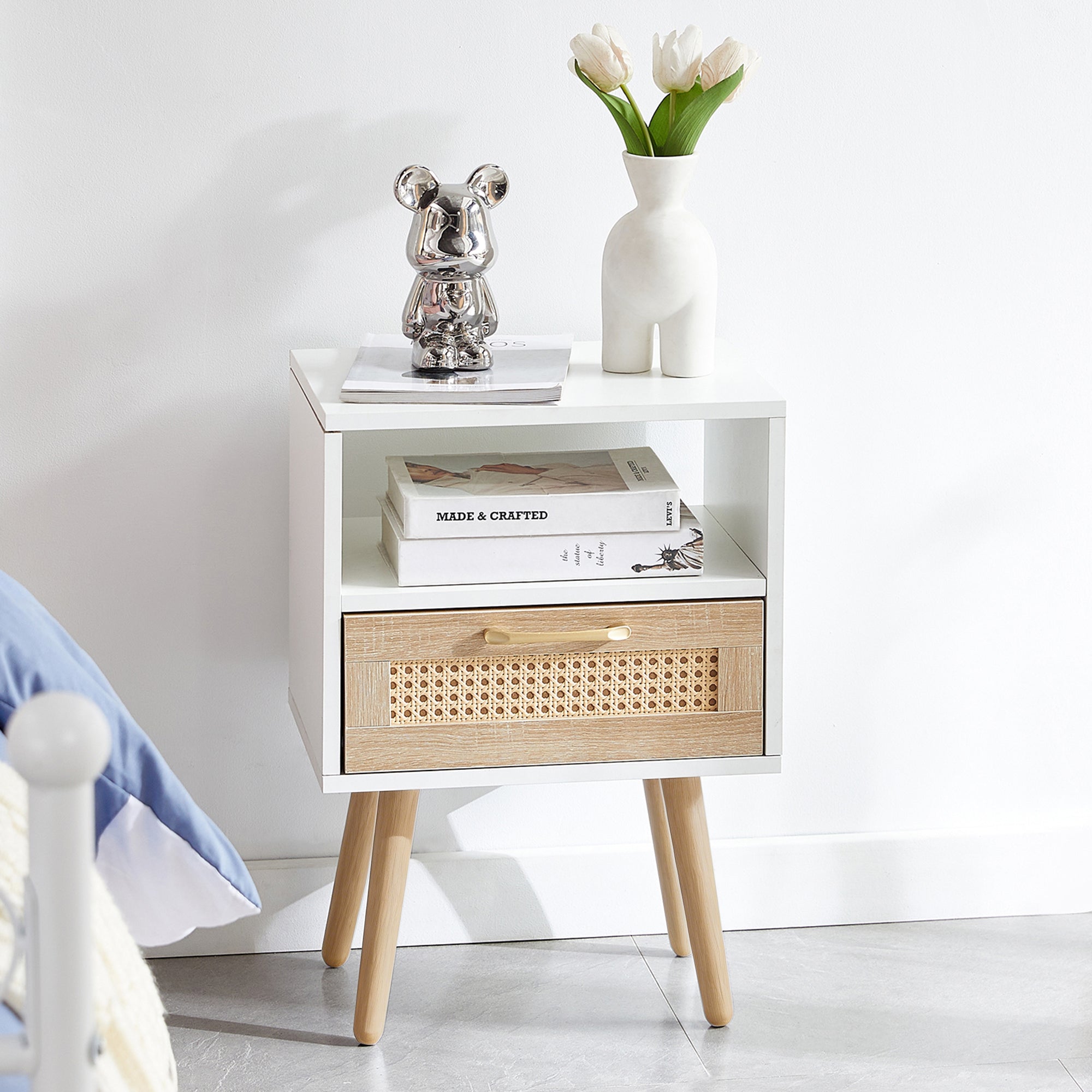 Rattan Side Table with Drawer and Solid Wood Legs, White