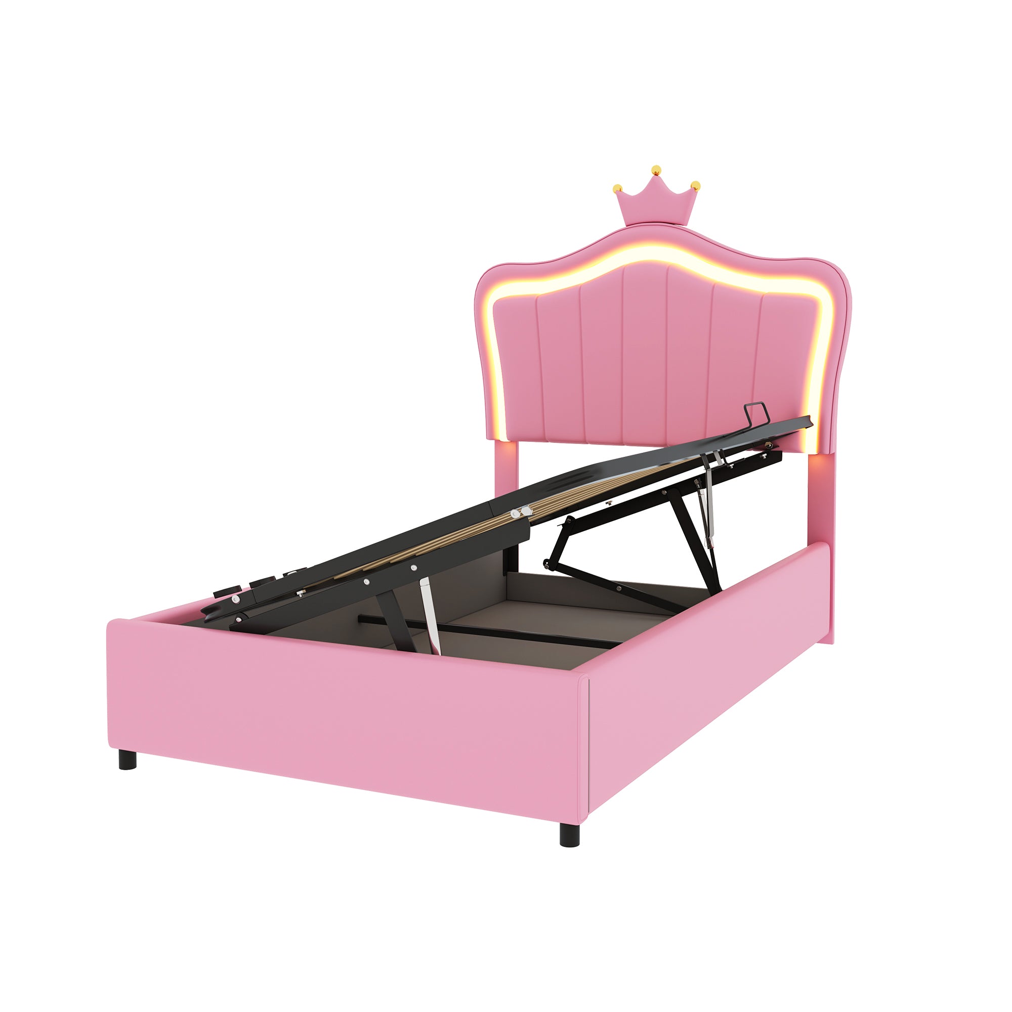 Children's Bed, Crown Design LED Hydraulic Storage, Faux Leather Pink