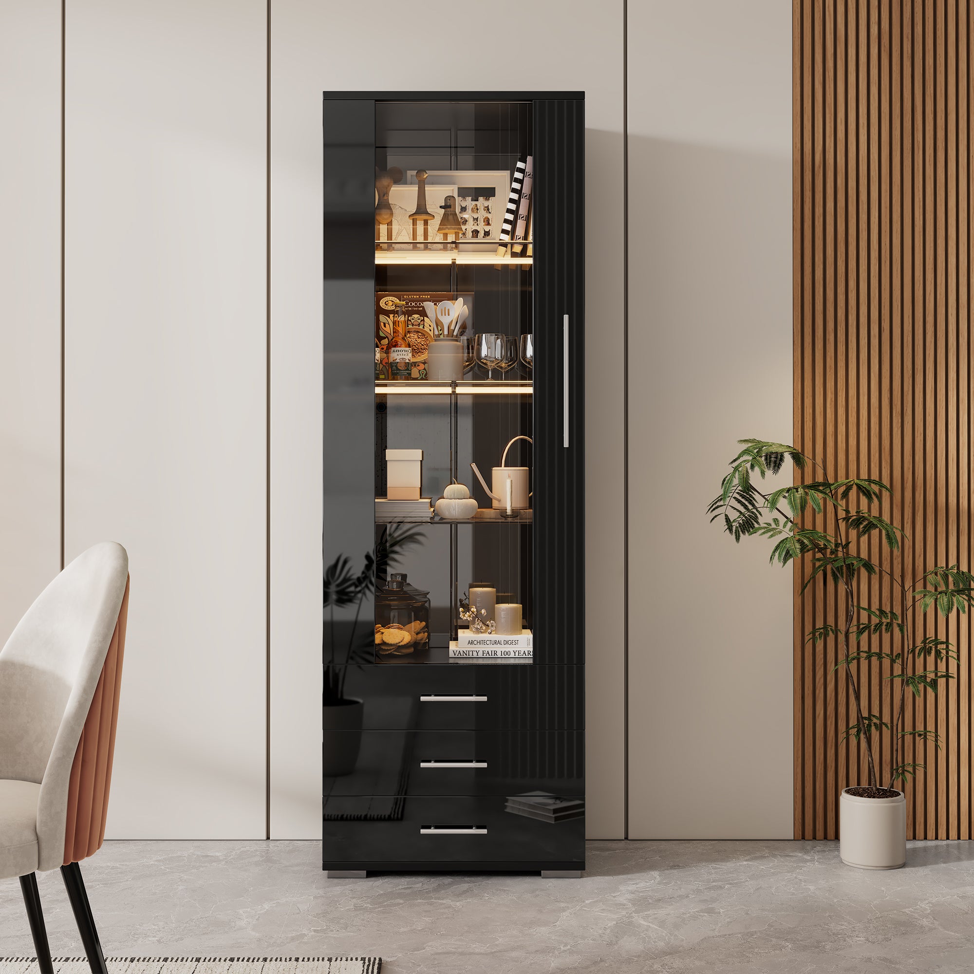 Display Cabinet, Vertical Freestanding LED 3 Drawers 60x35x180cm, Black High-Gloss Glass