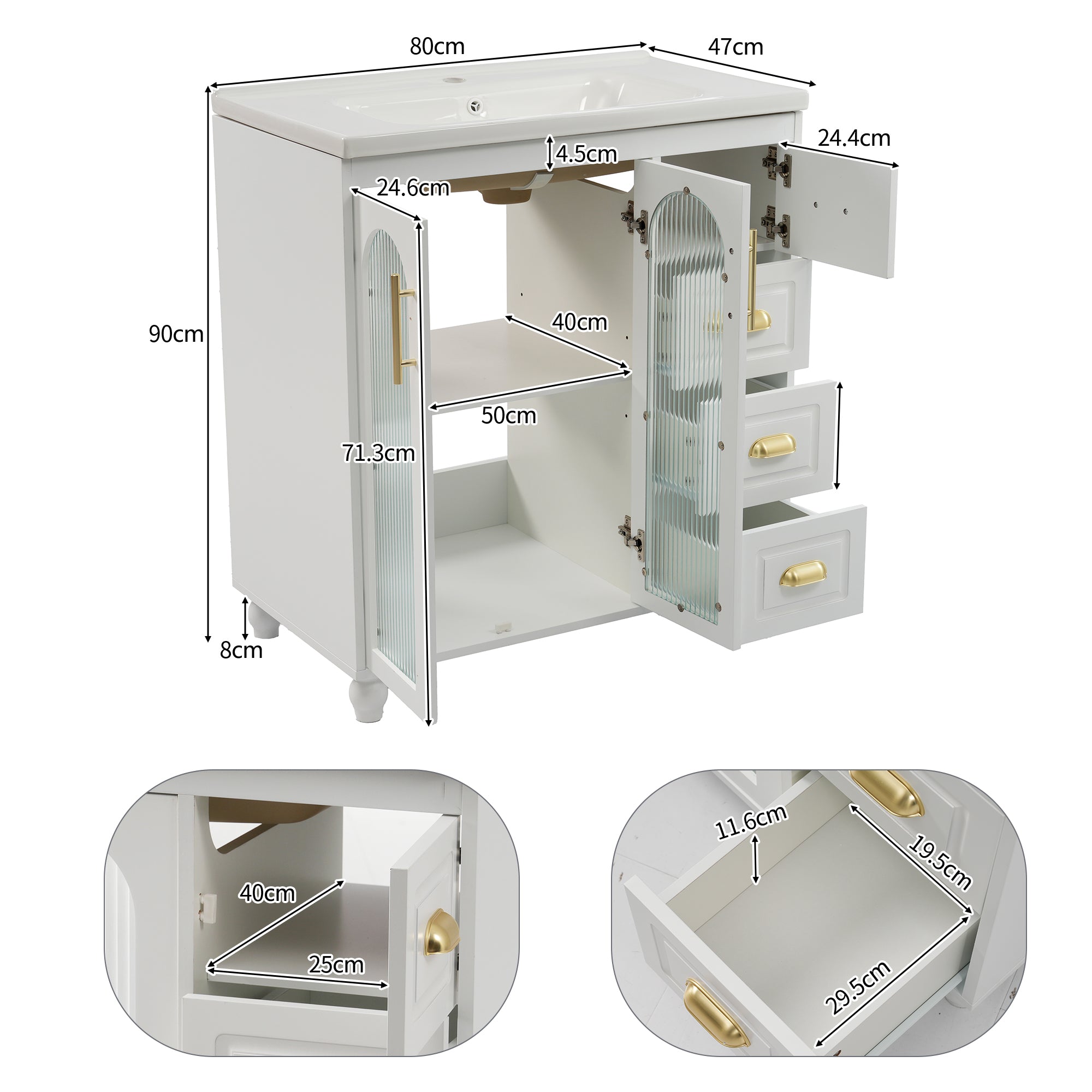 Single Vanity Unit 80cm Base Cabinet Ceramic Washbasin White