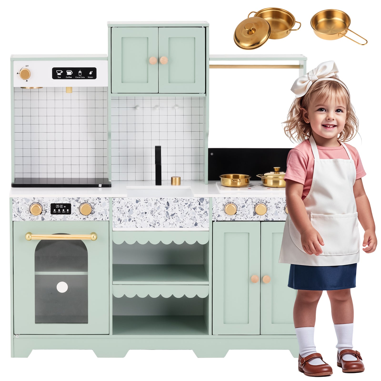 Children's Play Kitchen with Accessories and Creative Design, Green Wood and Plastic
