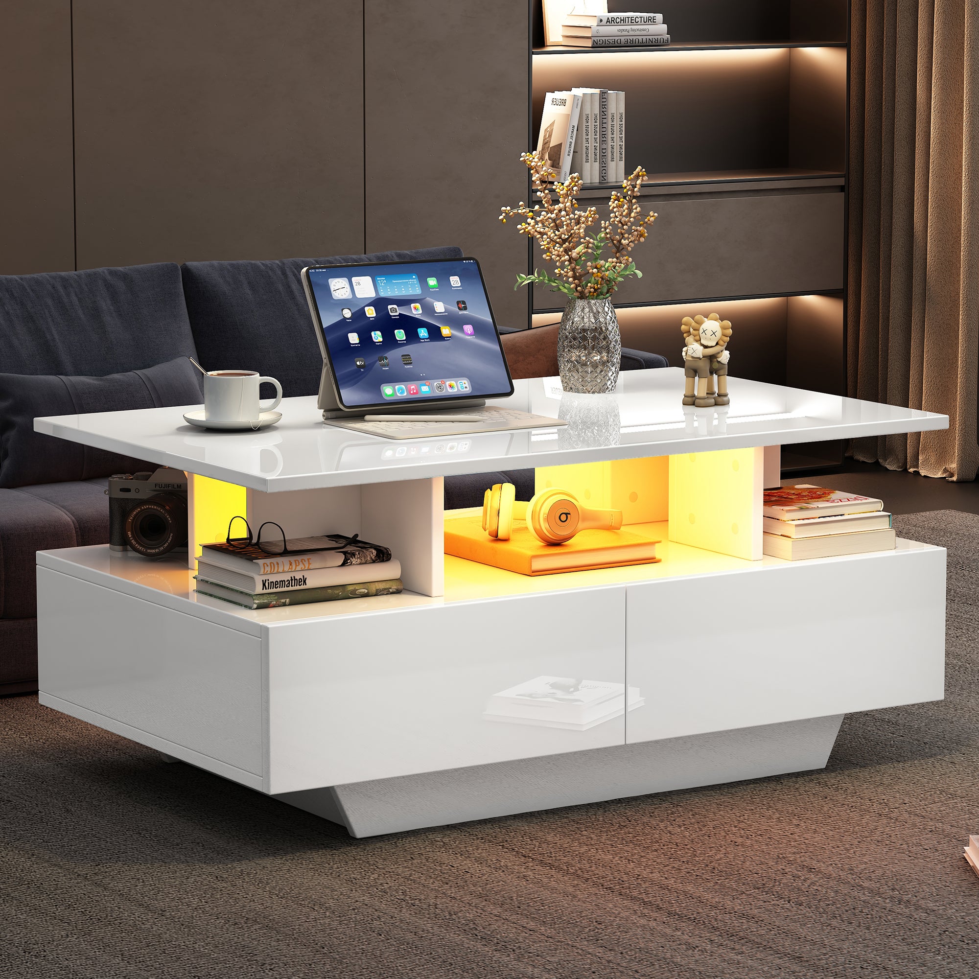 Modern high-gloss coffee table with LED lighting and 2 drawers 90x55x41 cm, 30 kg load capacity